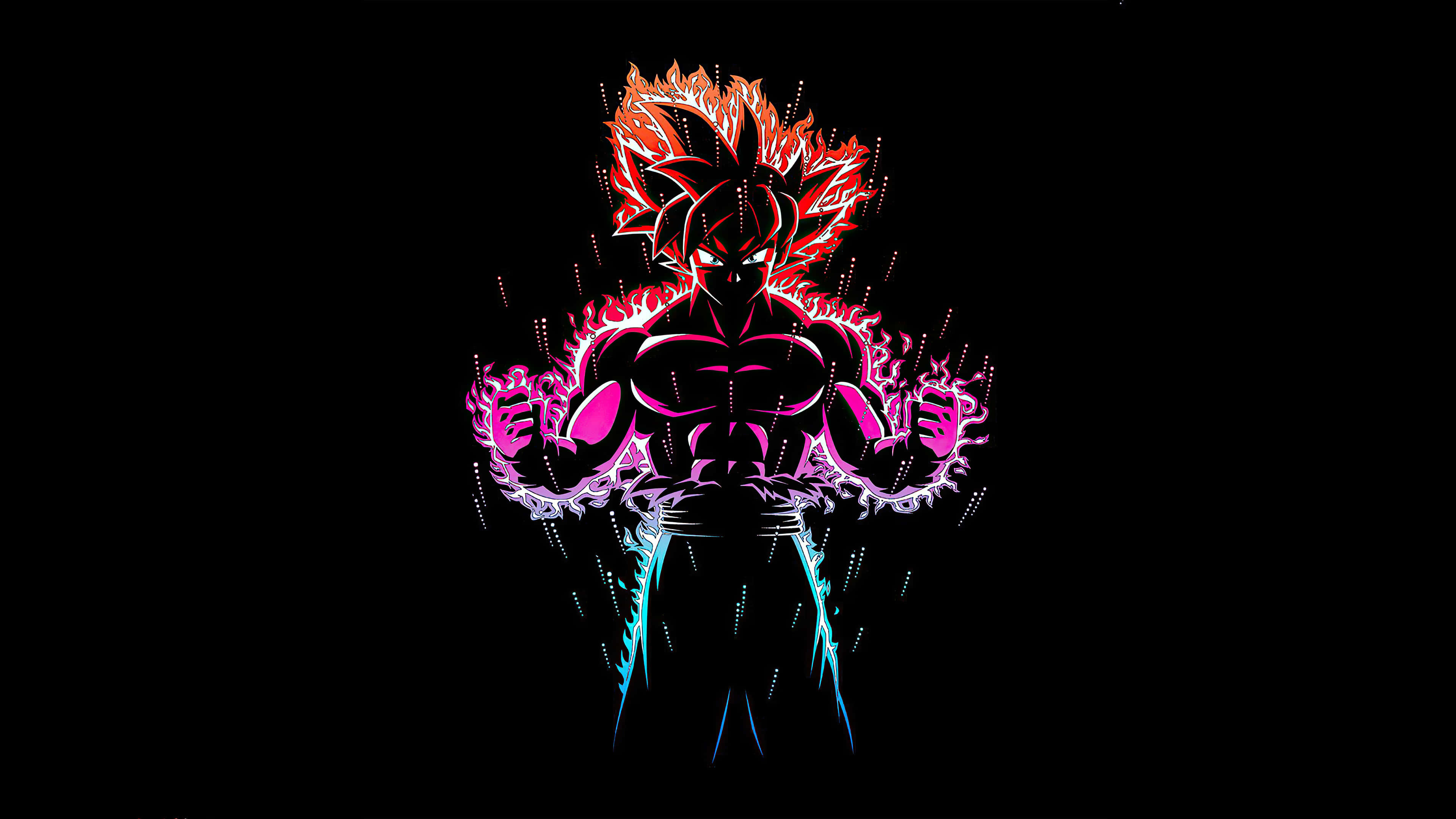 Goku, spiky red hair, glowing pink aura, 4K Desktop Wallpaper