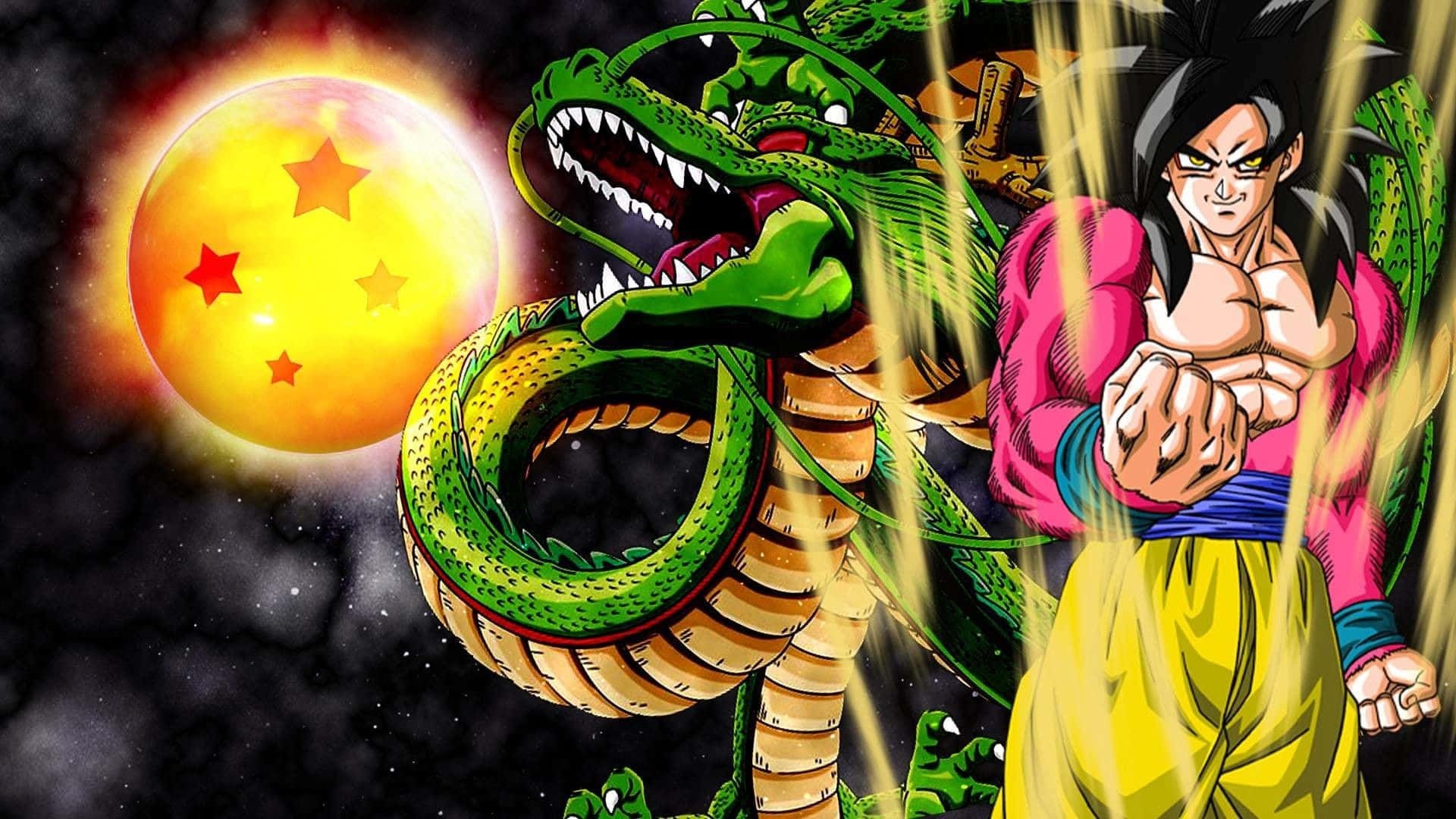 Goku Super Saiyan 4, pink and yellow, green dragon, Full HD Desktop Wallpaper
