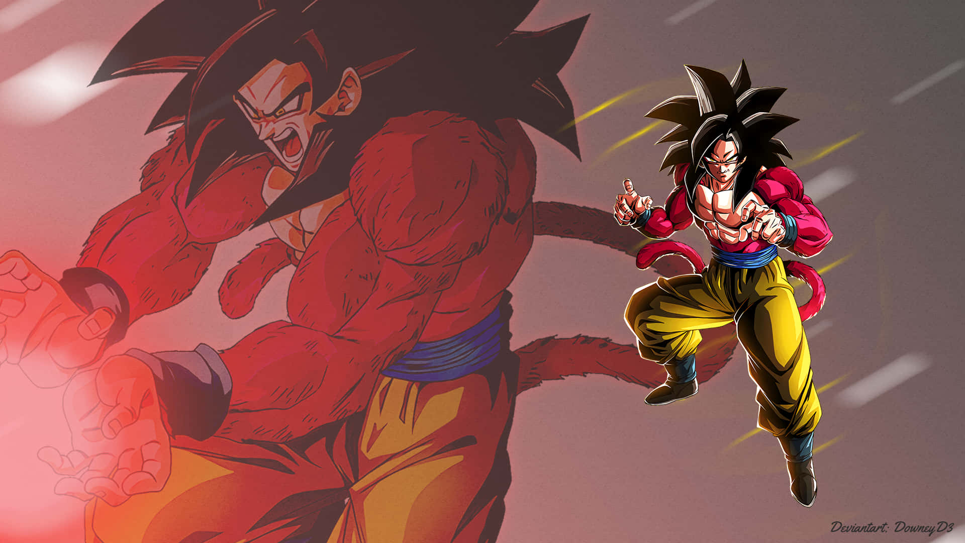Goku Super Saiyan 4, red and yellow battle gear, glowing energy effects, Full HD Desktop Wallpaper