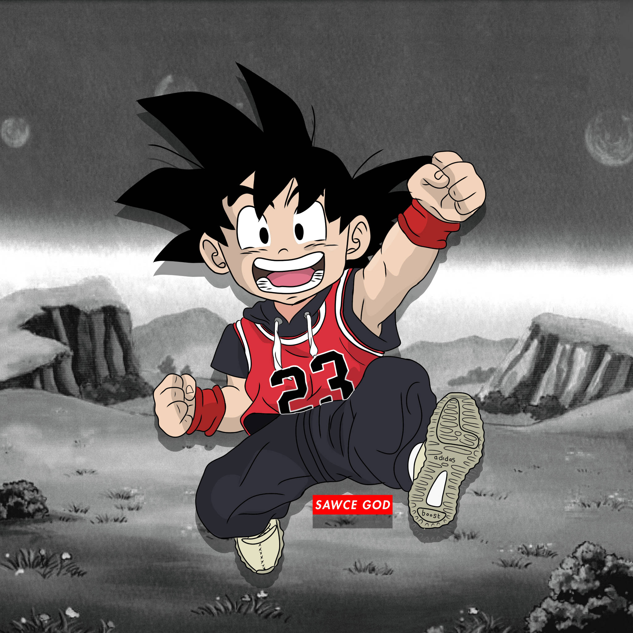 Goku Swag, red 23 jersey, monochrome rocky landscape, Full HD Desktop Wallpaper