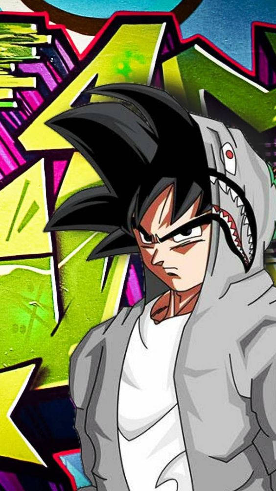 Goku, shark hoodie, vibrant graffiti wall, SD Phone Wallpaper