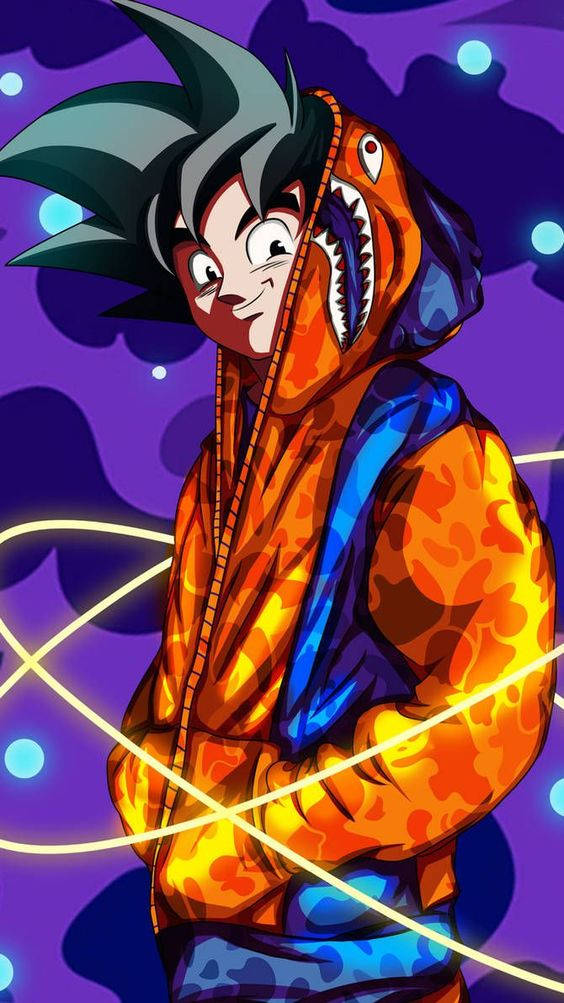 Goku Swag, fiery orange shark hoodie, glowing purple cosmic background, SD Phone Wallpaper