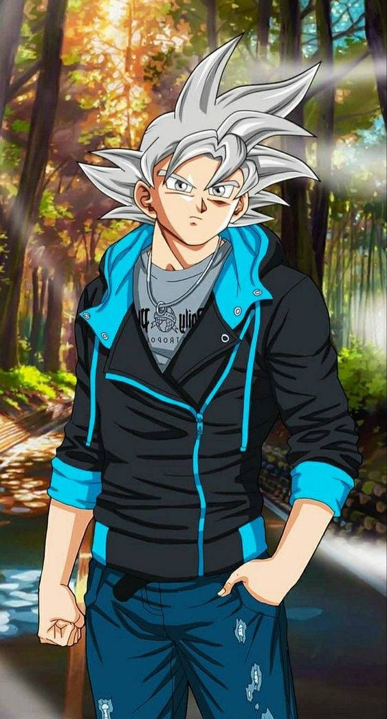 Goku Swag, spiky silver hair, sunlit forest, SD Phone Wallpaper