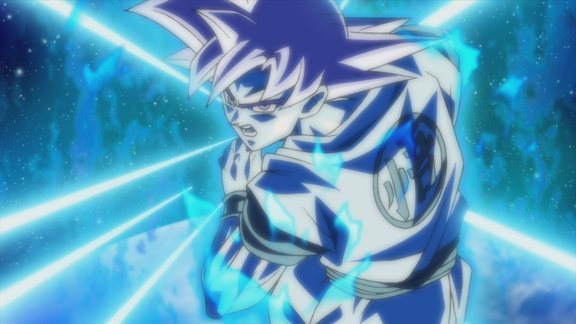 Goku, spiky blue hair, glowing blue aura, Full HD Desktop Wallpaper