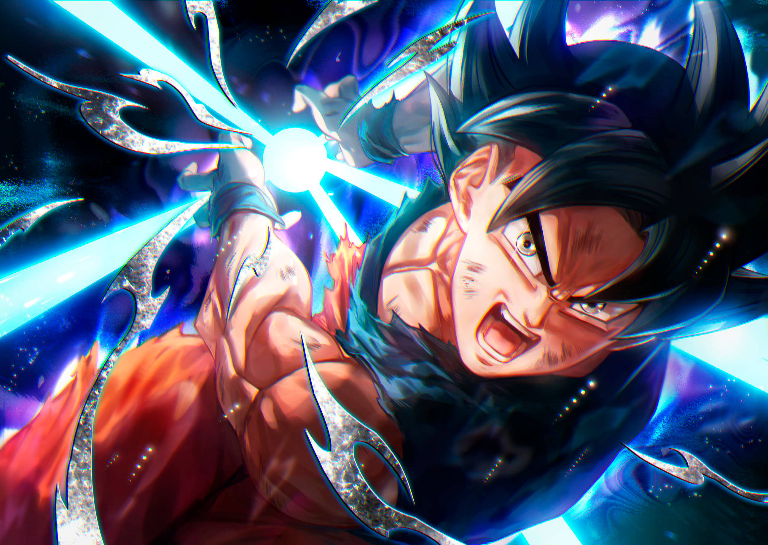 Goku, glowing blue energy, cosmic battle scene, 2K Desktop Wallpaper