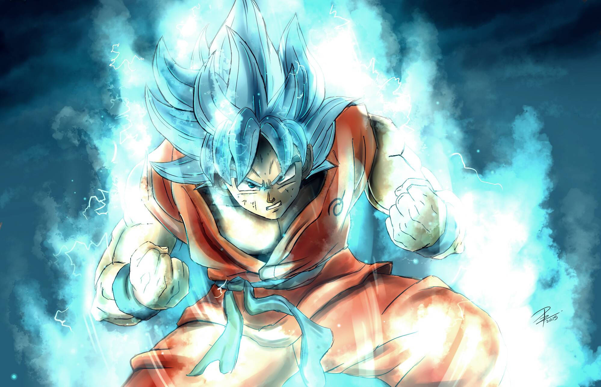 Goku, blue-haired, anime warrior, Full HD Desktop Wallpaper