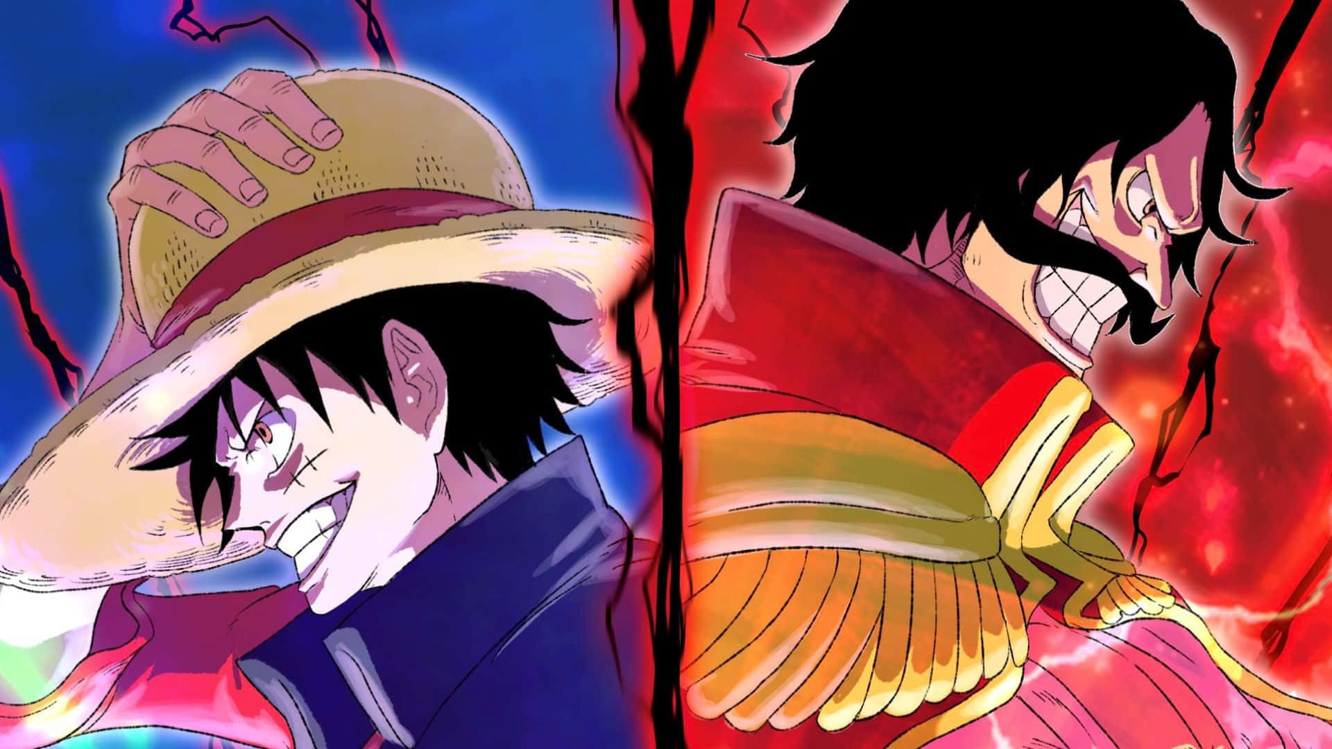 Gol D Roger, anime characters, split-screen battle, Full HD Desktop Wallpaper