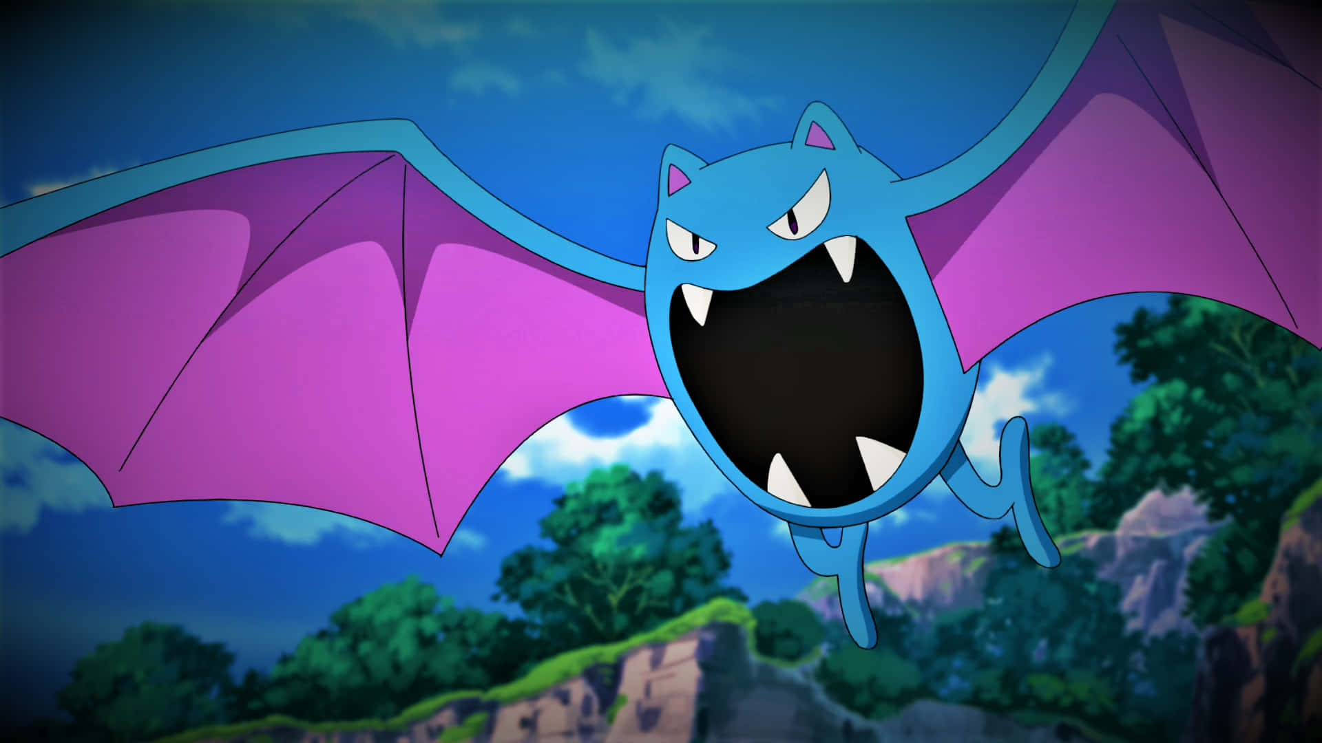 Golbat, blue bat-like Pokémon, purple wings, Full HD Desktop Wallpaper