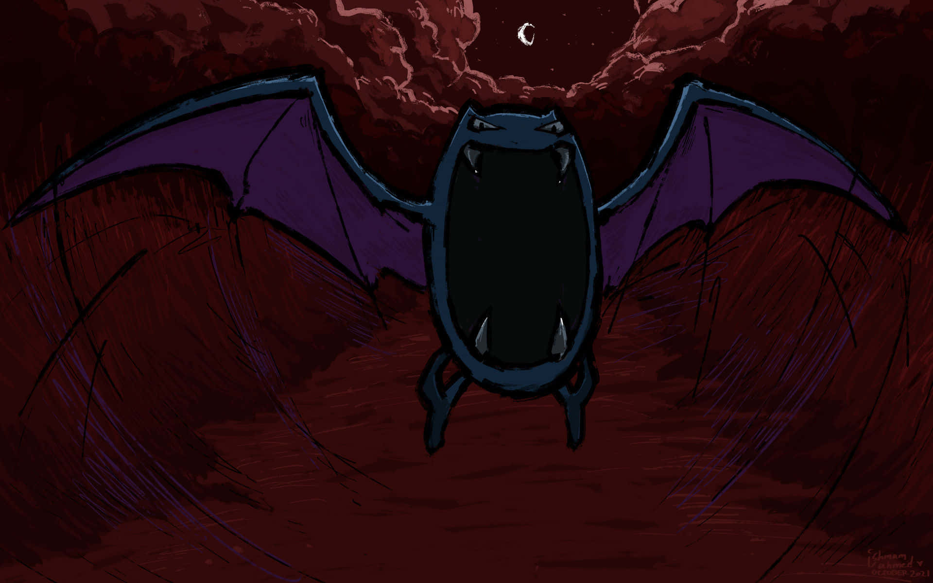 Golbat, blood red sky, crescent moon, Full HD Desktop Wallpaper