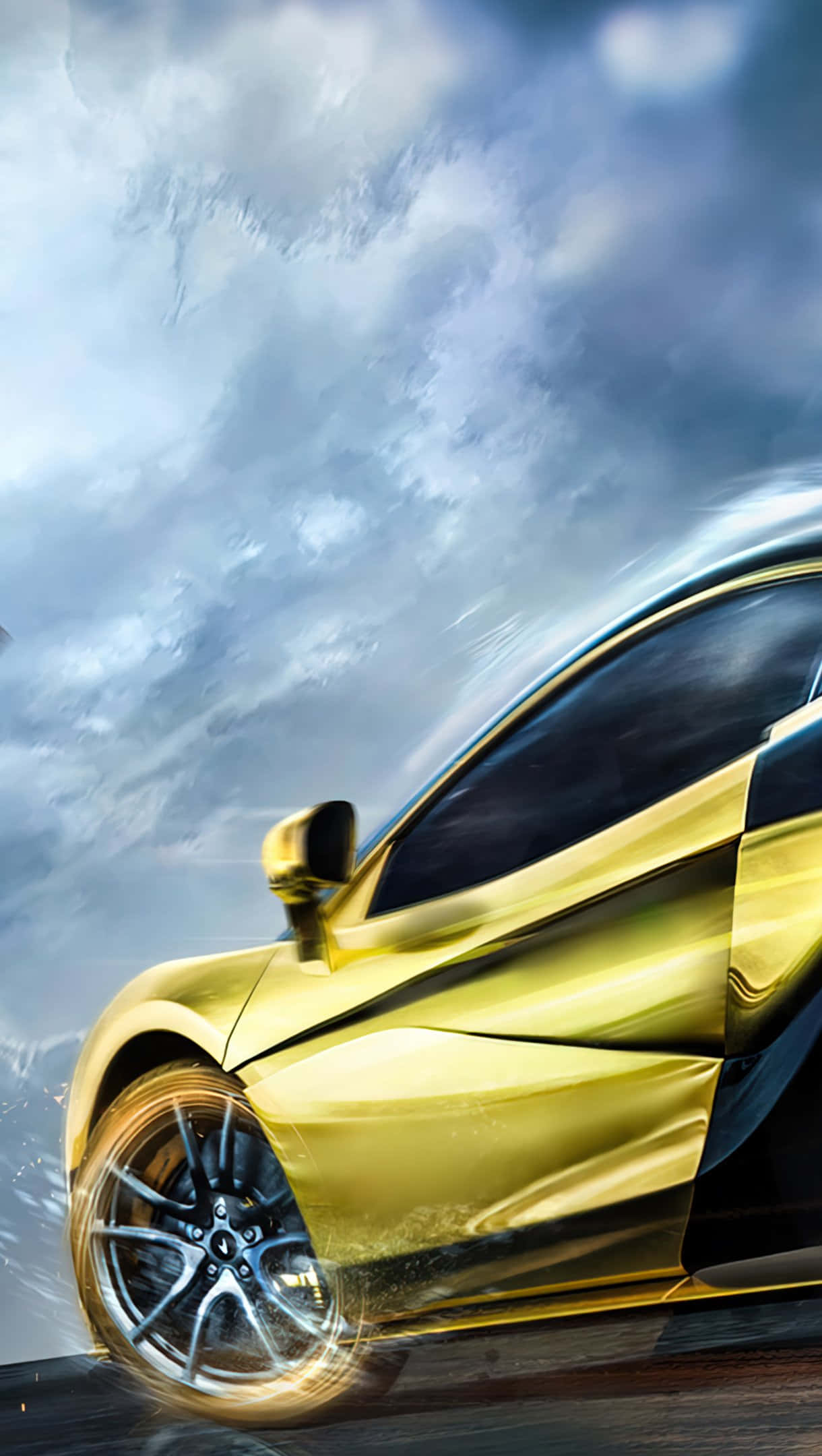 gold car, sports car, stormy sky, Full HD Phone Wallpaper