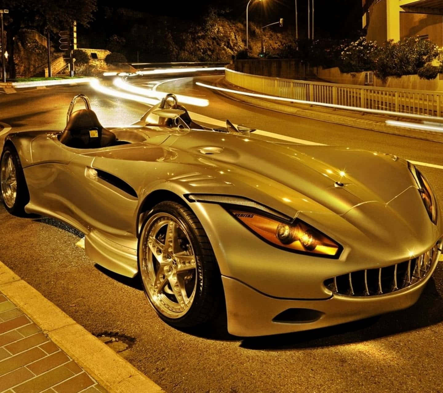 Gold Cars, gleaming gold sports car, night, HD Desktop Wallpaper