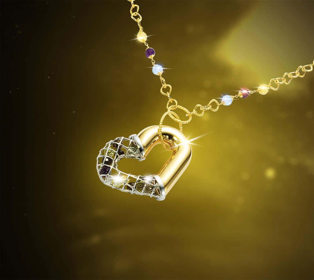gold chain, golden heart-shaped pendant, gemstones, SD Desktop Wallpaper