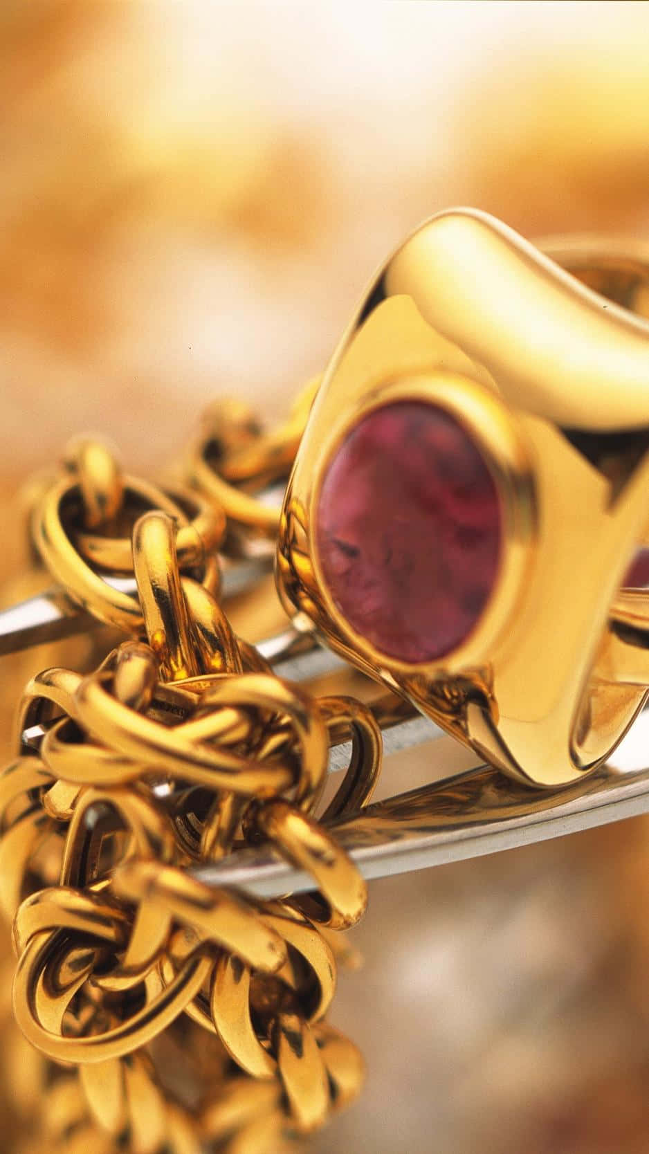 gold ring, red gemstone, gold chain, HD Phone Wallpaper