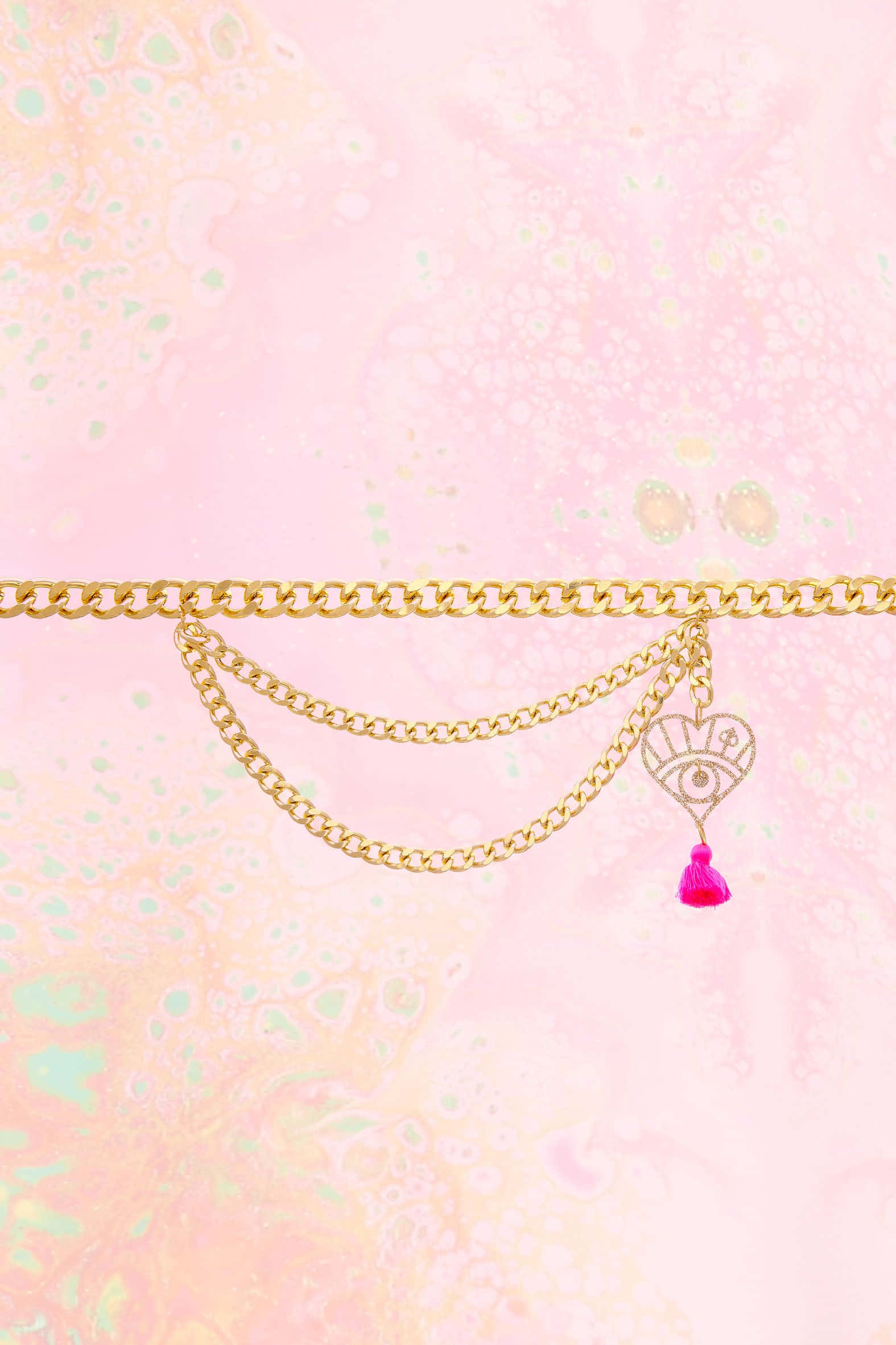 gold chain, eye-in-heart pendant, pink tassel, Full HD Phone Wallpaper