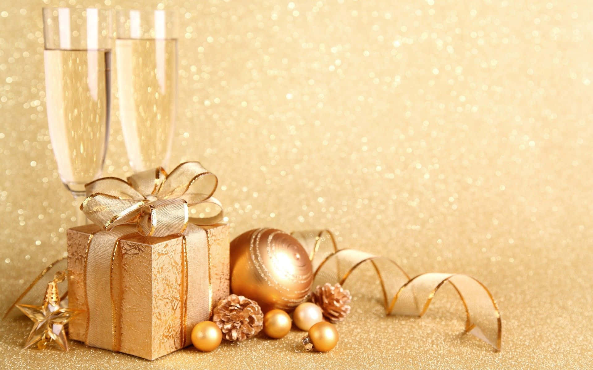 Gold Christmas, champagne flutes, golden gift box, Full HD Desktop Wallpaper