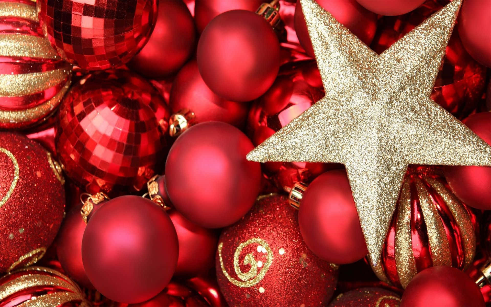 gold star, red Christmas ornaments, gold accents, Full HD Desktop Wallpaper