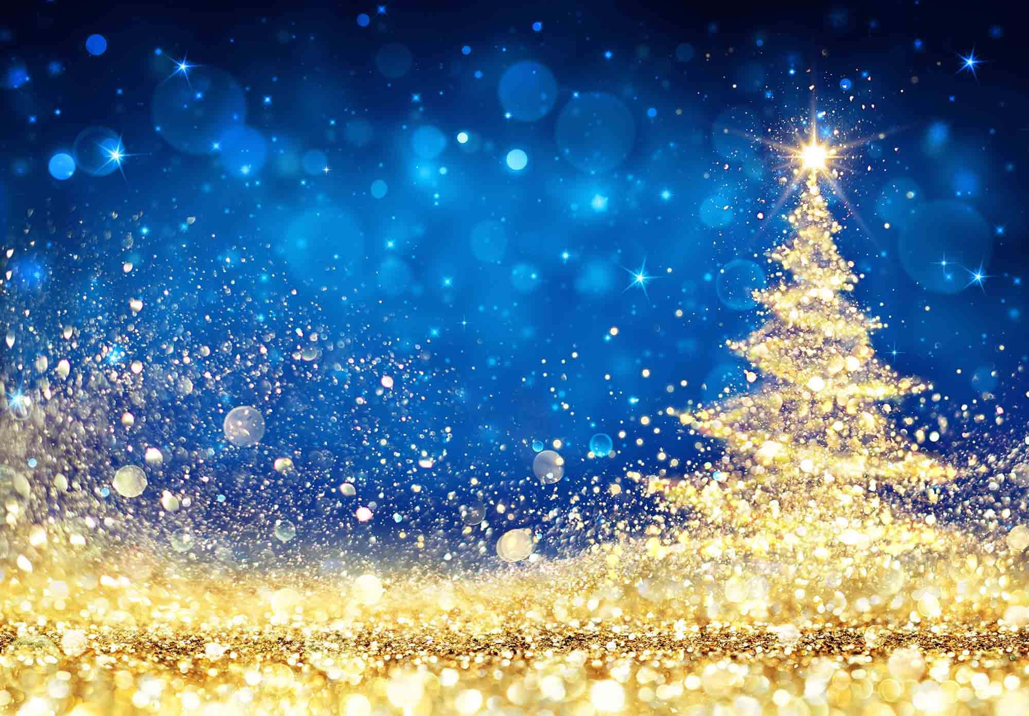 gold Christmas tree, deep blue starry sky, glittering bokeh effects, Full HD Desktop Wallpaper