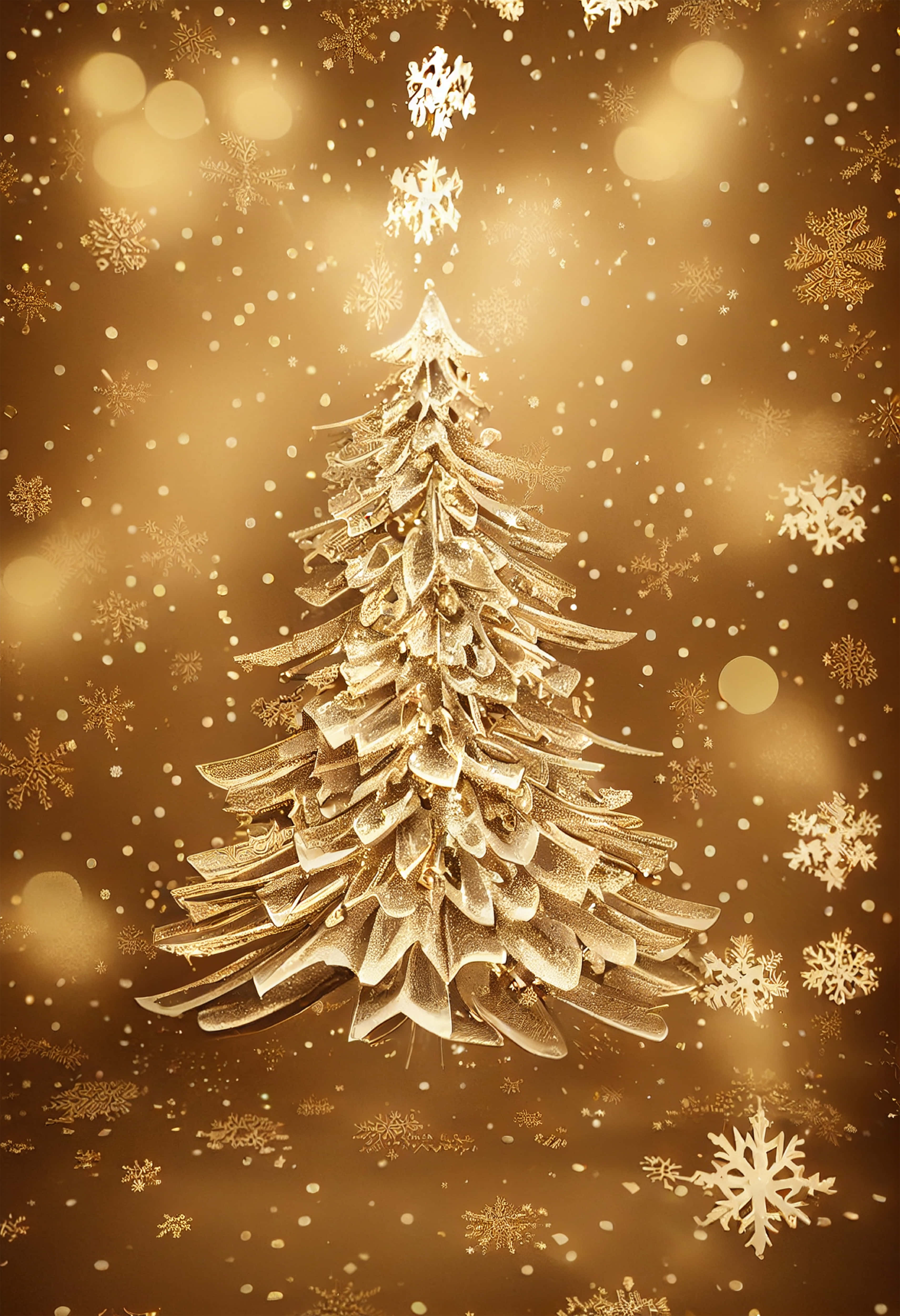 gold christmas, golden christmas tree, glittering snowflakes, 4K Phone Wallpaper