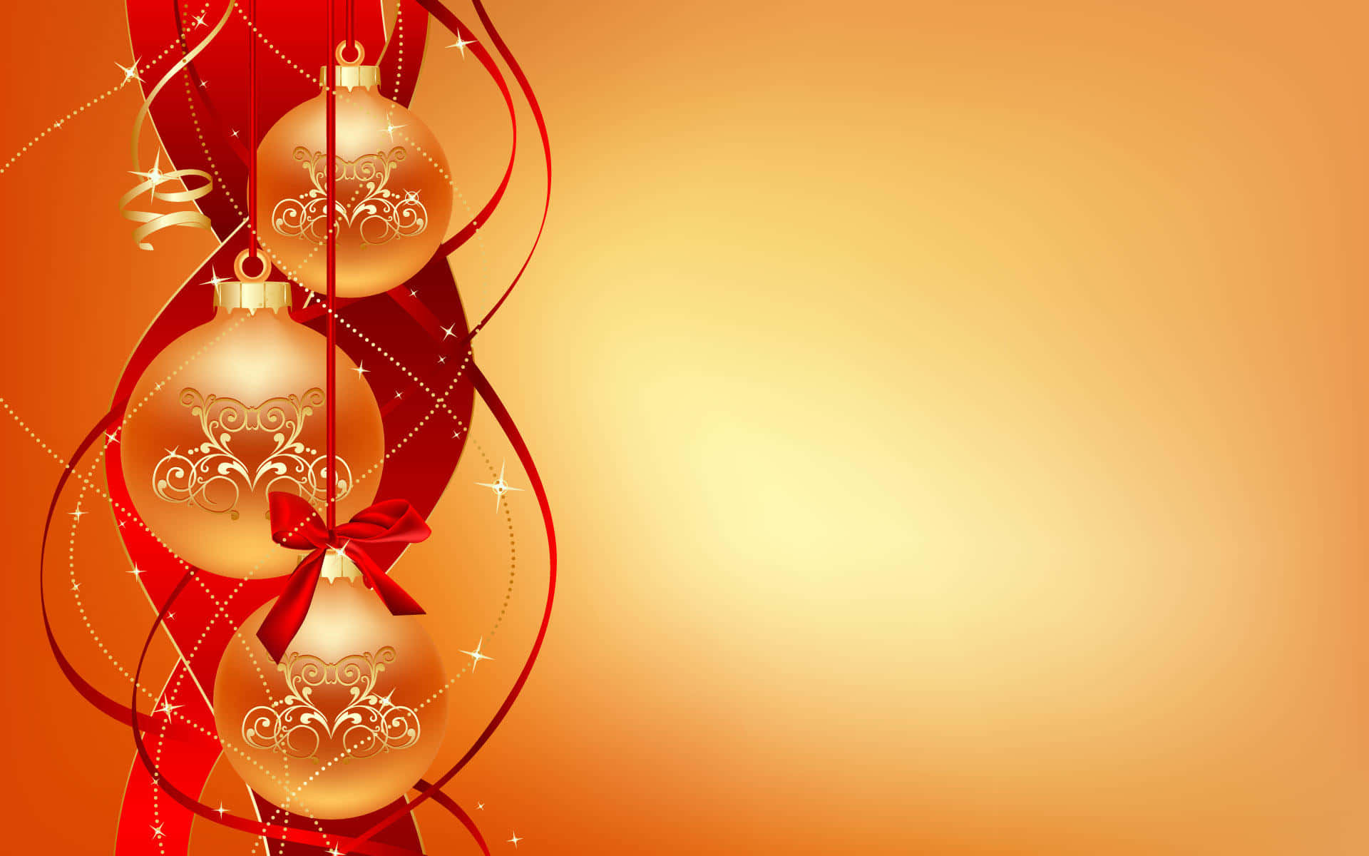 Gold Christmas, gold Christmas ornaments, red ribbons, Full HD Desktop Wallpaper
