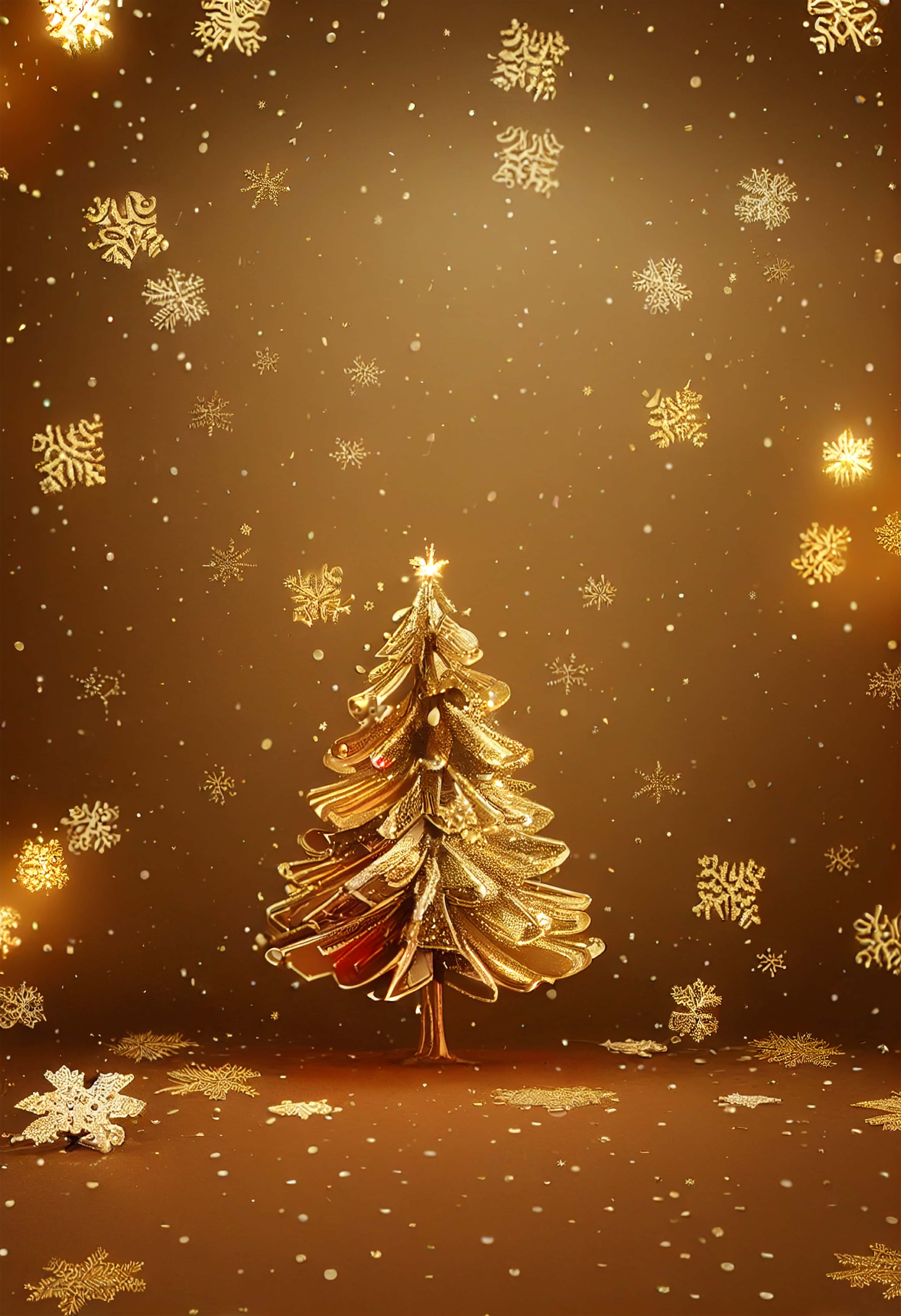 golden Christmas tree, layered metallic branches, falling snowflakes, 4K Phone Wallpaper