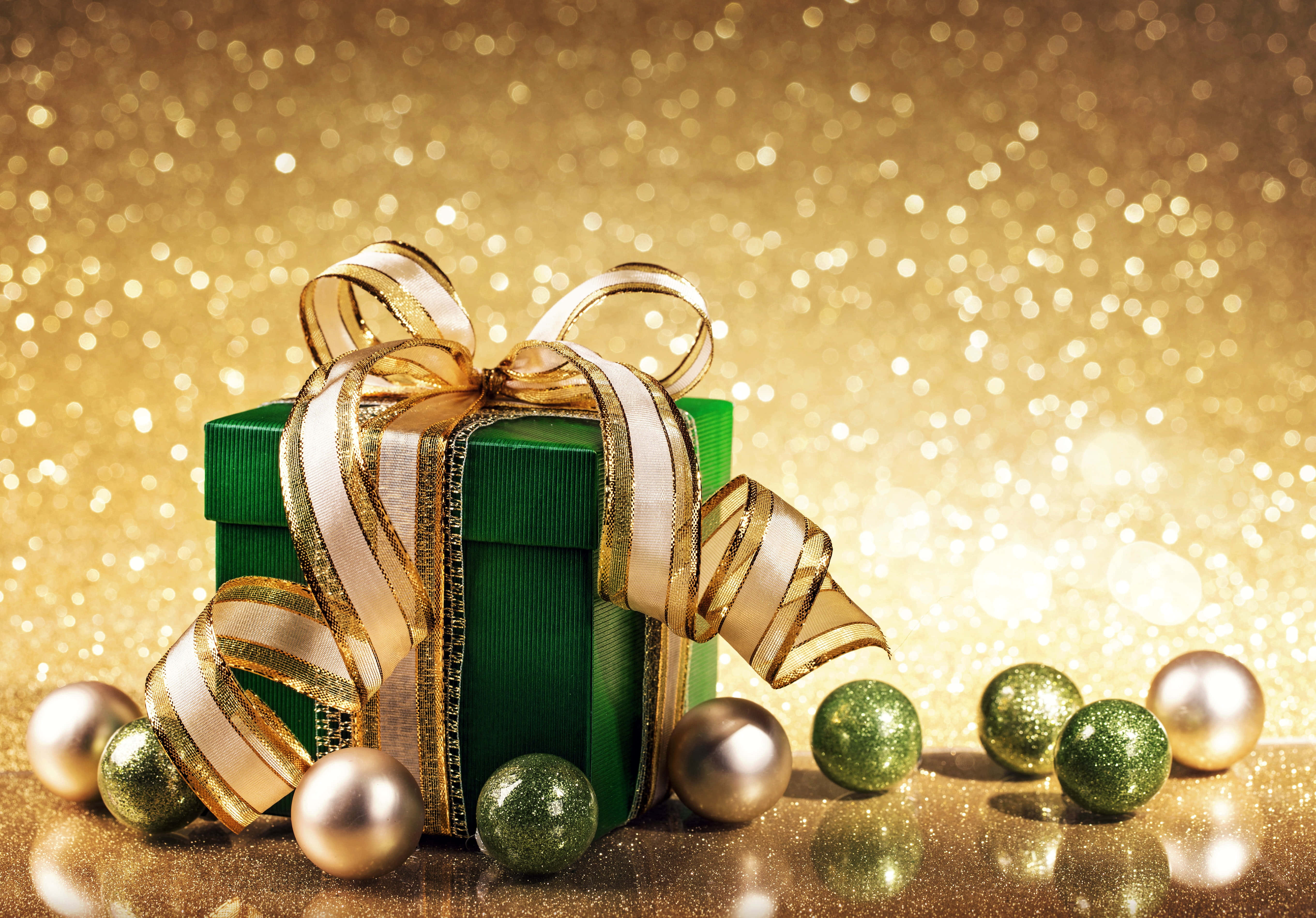 gold Christmas, green gift box, gold and white ribbon, 5K Desktop Wallpaper