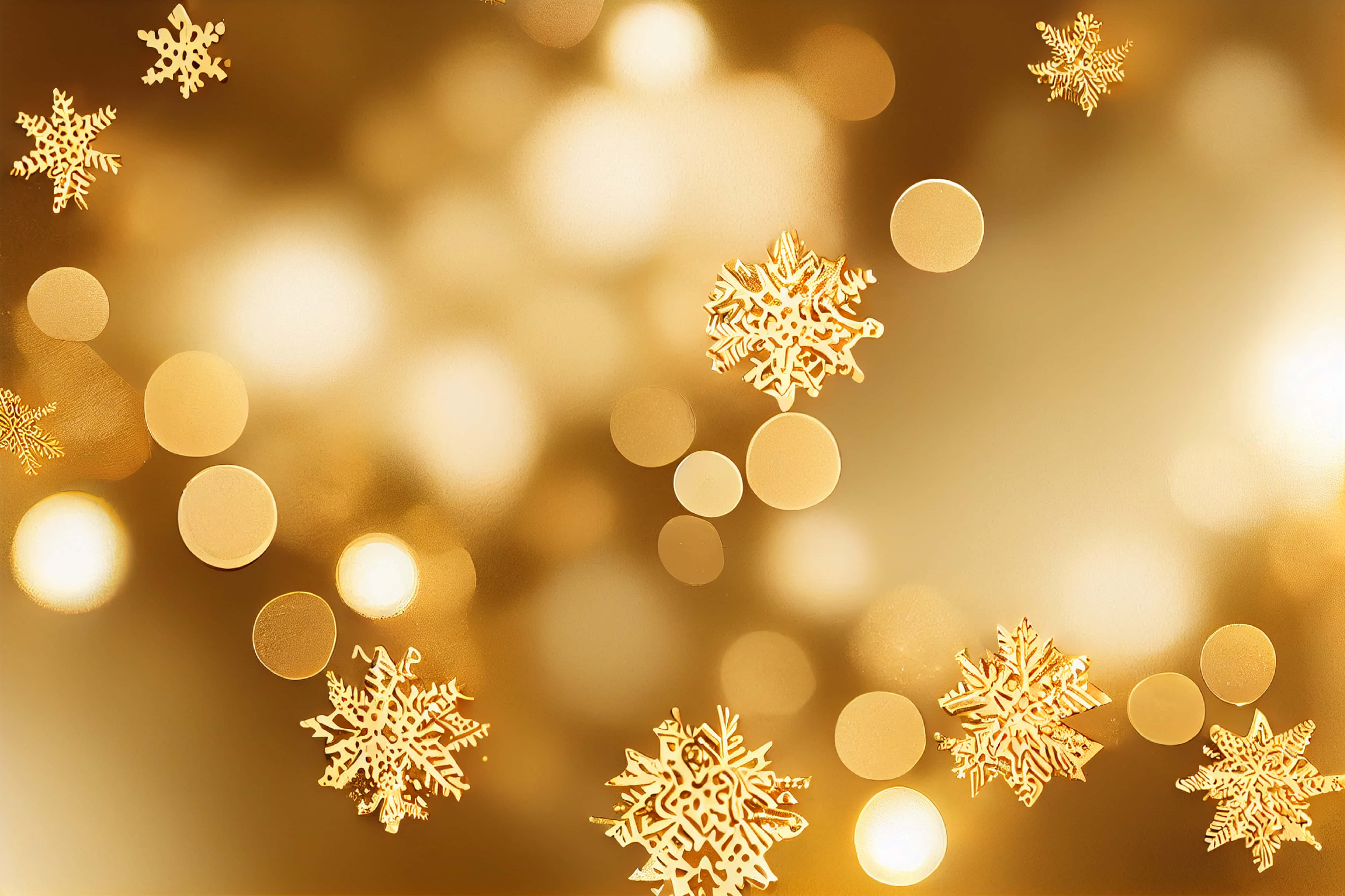 Gold Christmas, golden snowflakes, warm bokeh background, 4K Desktop Wallpaper