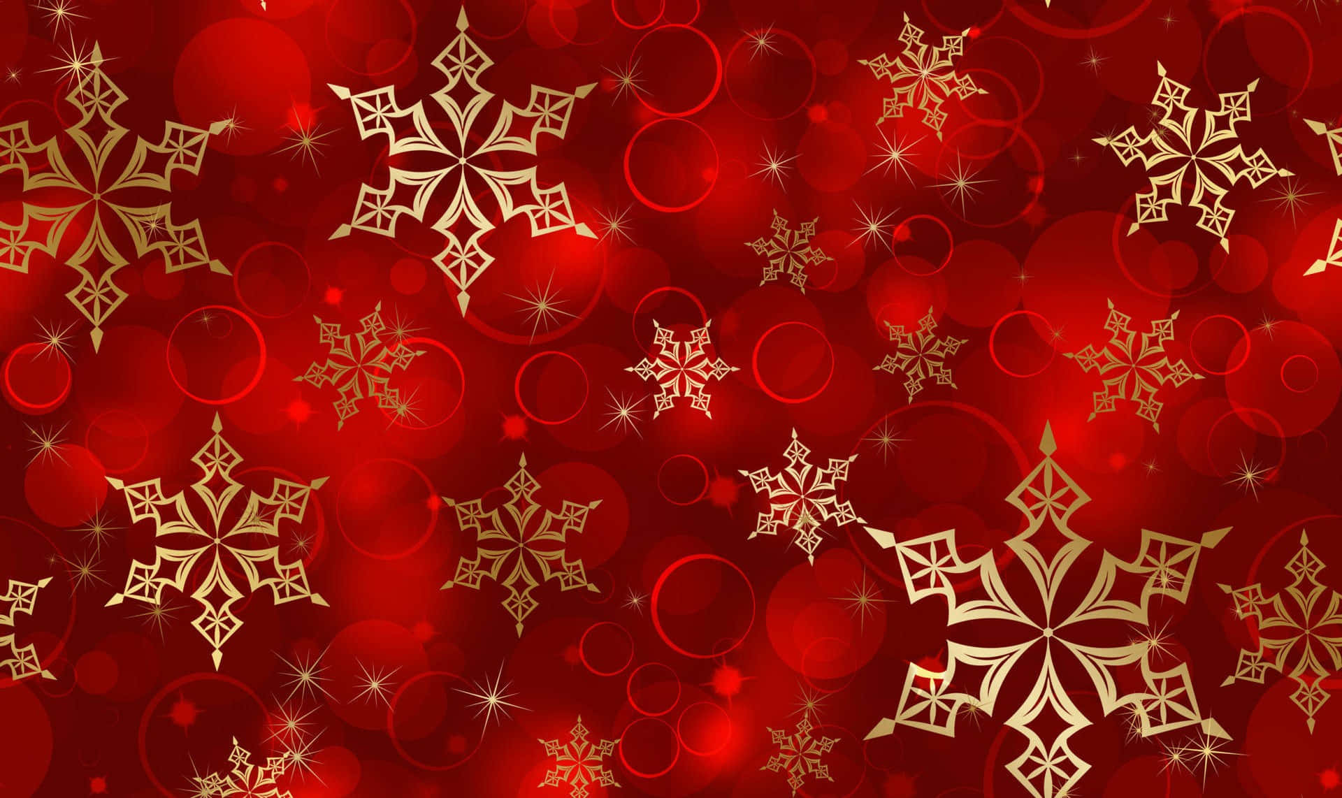 gold snowflakes, vibrant red bokeh background, glowing circular lights, Full HD Desktop Wallpaper
