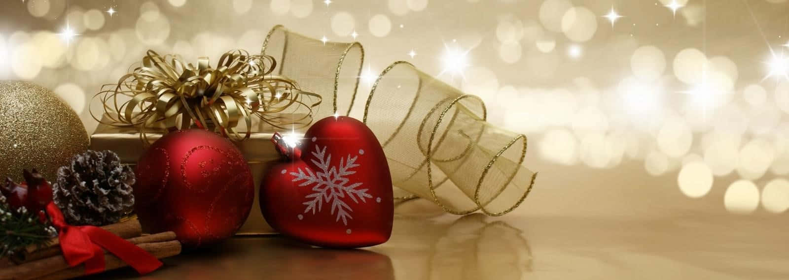 gold Christmas, shiny red heart ornament, snowflake design, HD Desktop Wallpaper