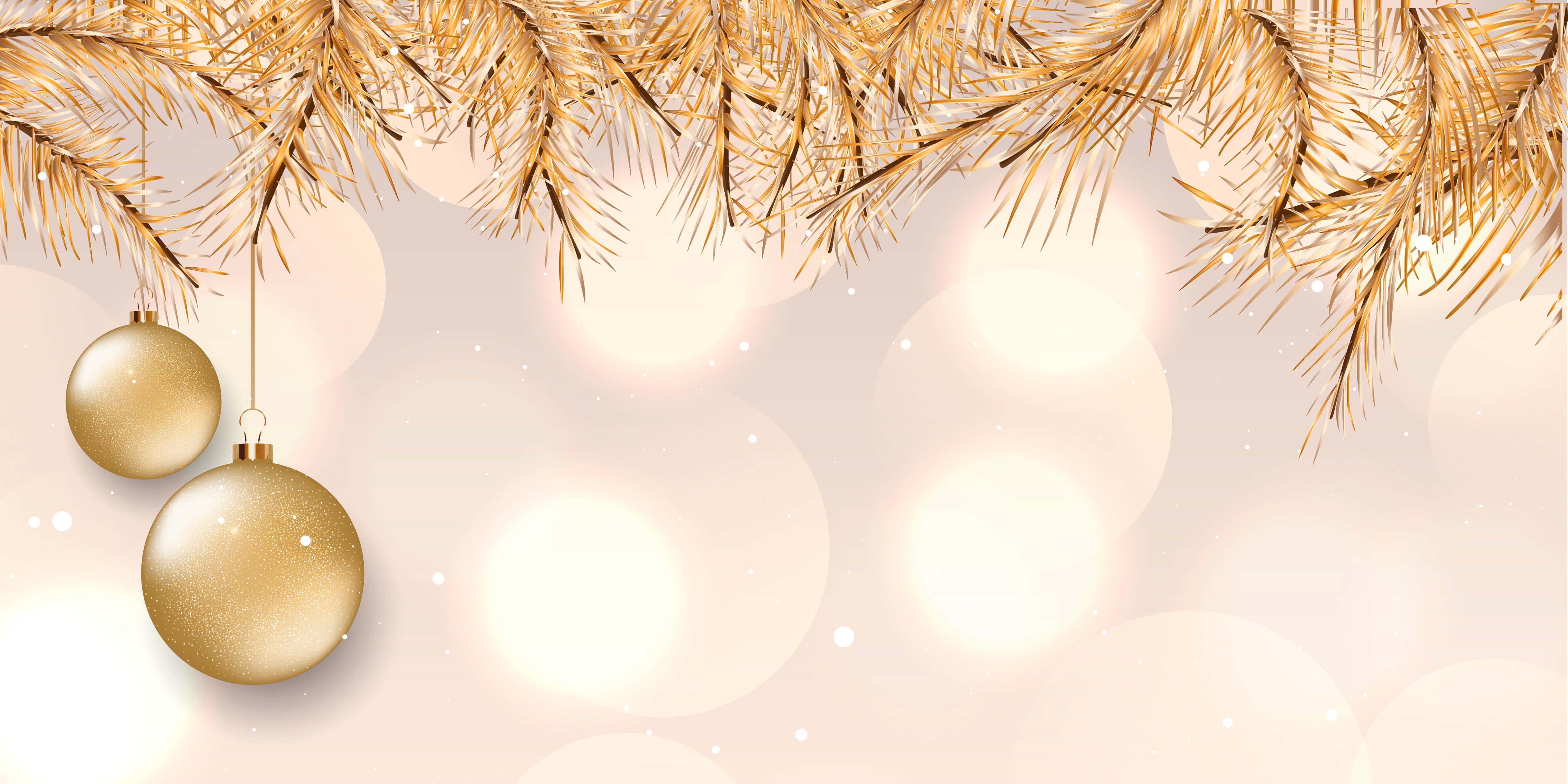Gold Christmas, golden pine branches, hanging ornaments, 4K Desktop Wallpaper