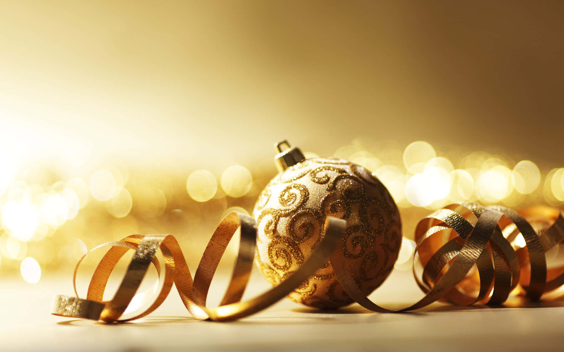 gold christmas, golden ornate bauble, swirling ribbon, Full HD Desktop Wallpaper