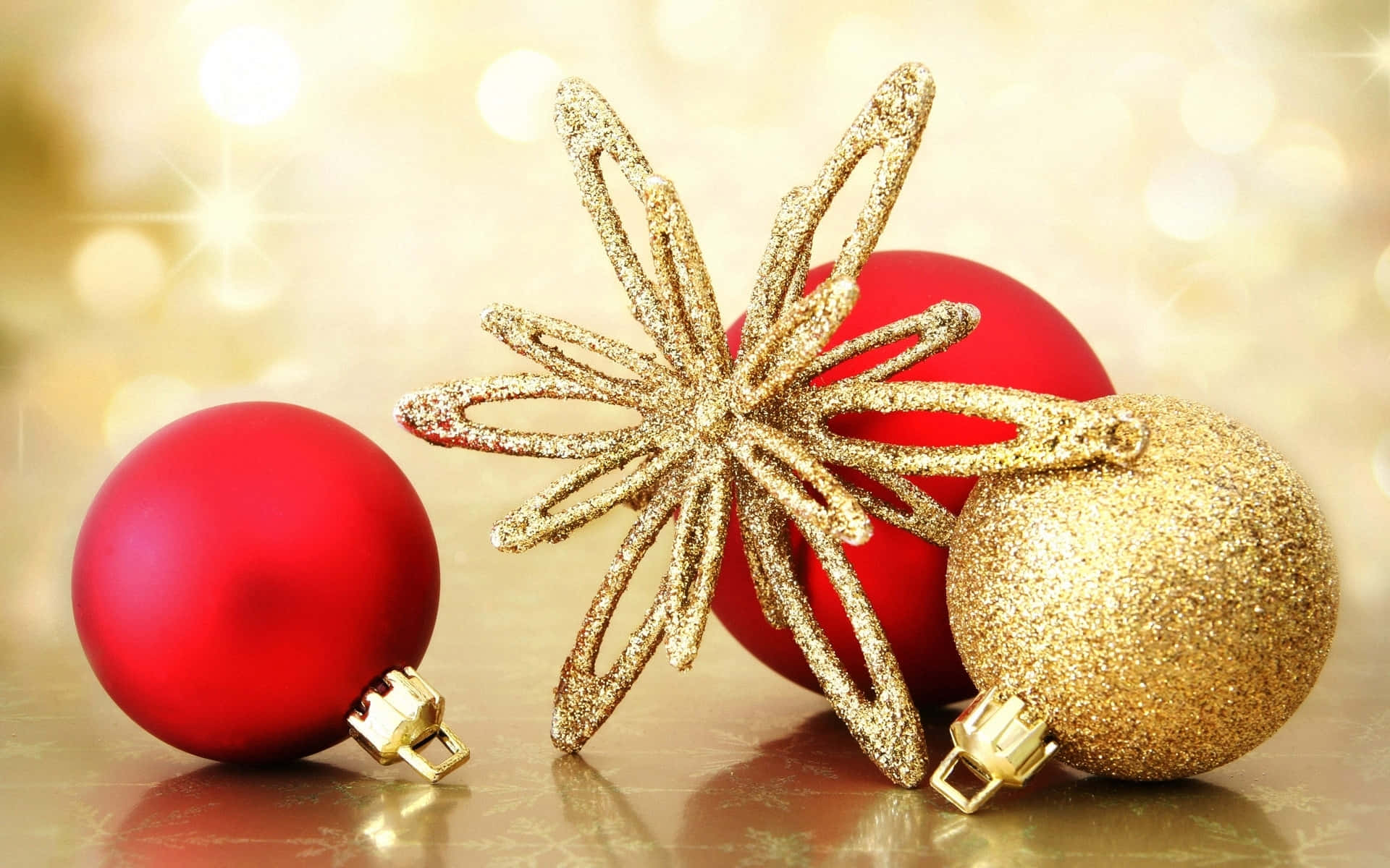 Gold Christmas, shiny red and gold Christmas ornaments, glittering star, Full HD Desktop Wallpaper