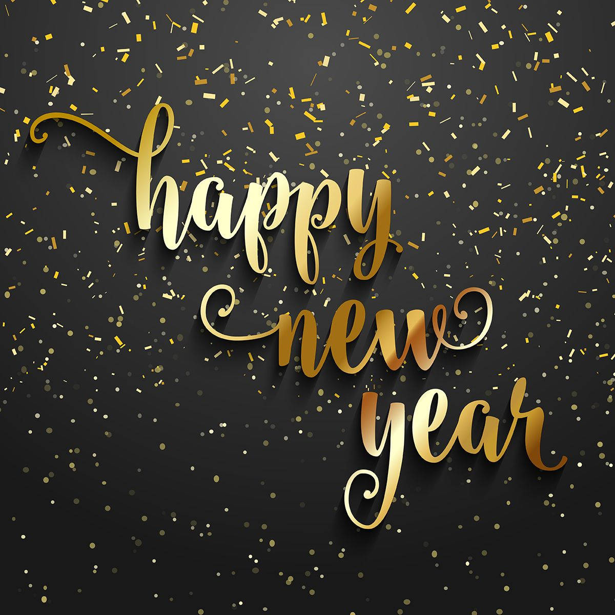 Gold Happy New Year Greetings, golden cursive 'happy new year' text, falling confetti, SD Desktop Wallpaper
