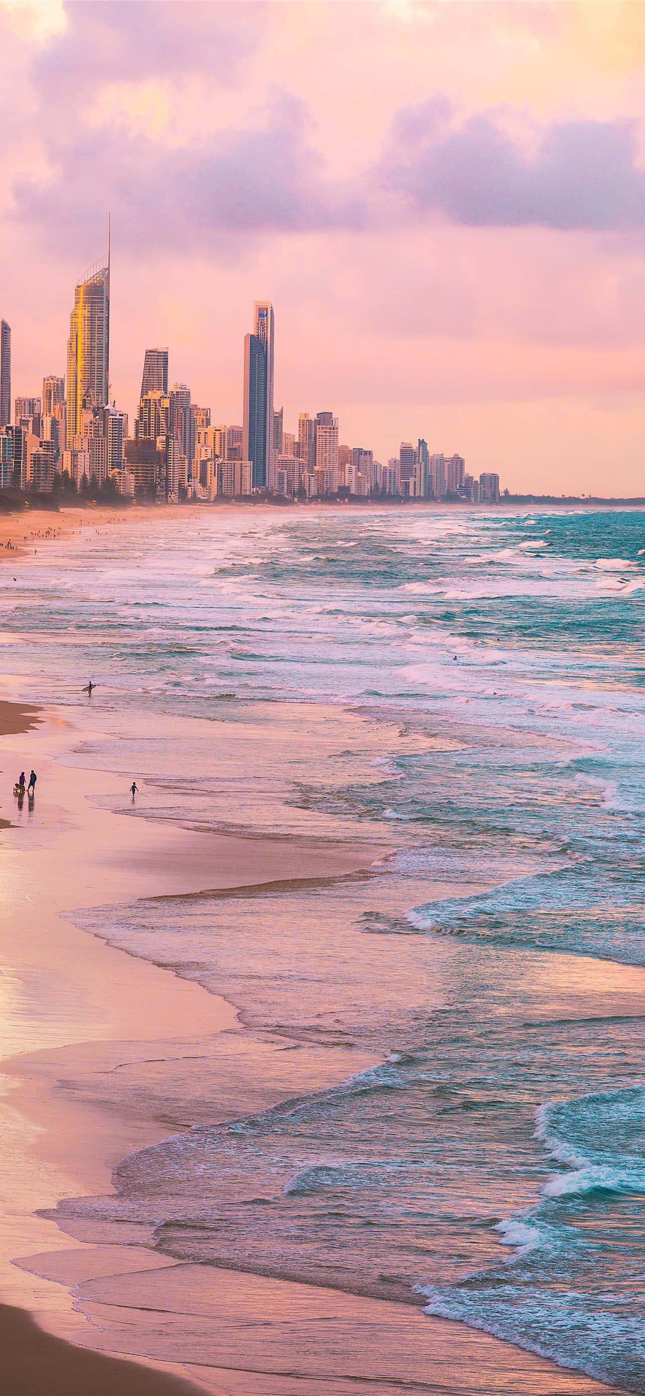 Gold Coast Beach, sunset, pink, 2K Phone Wallpaper