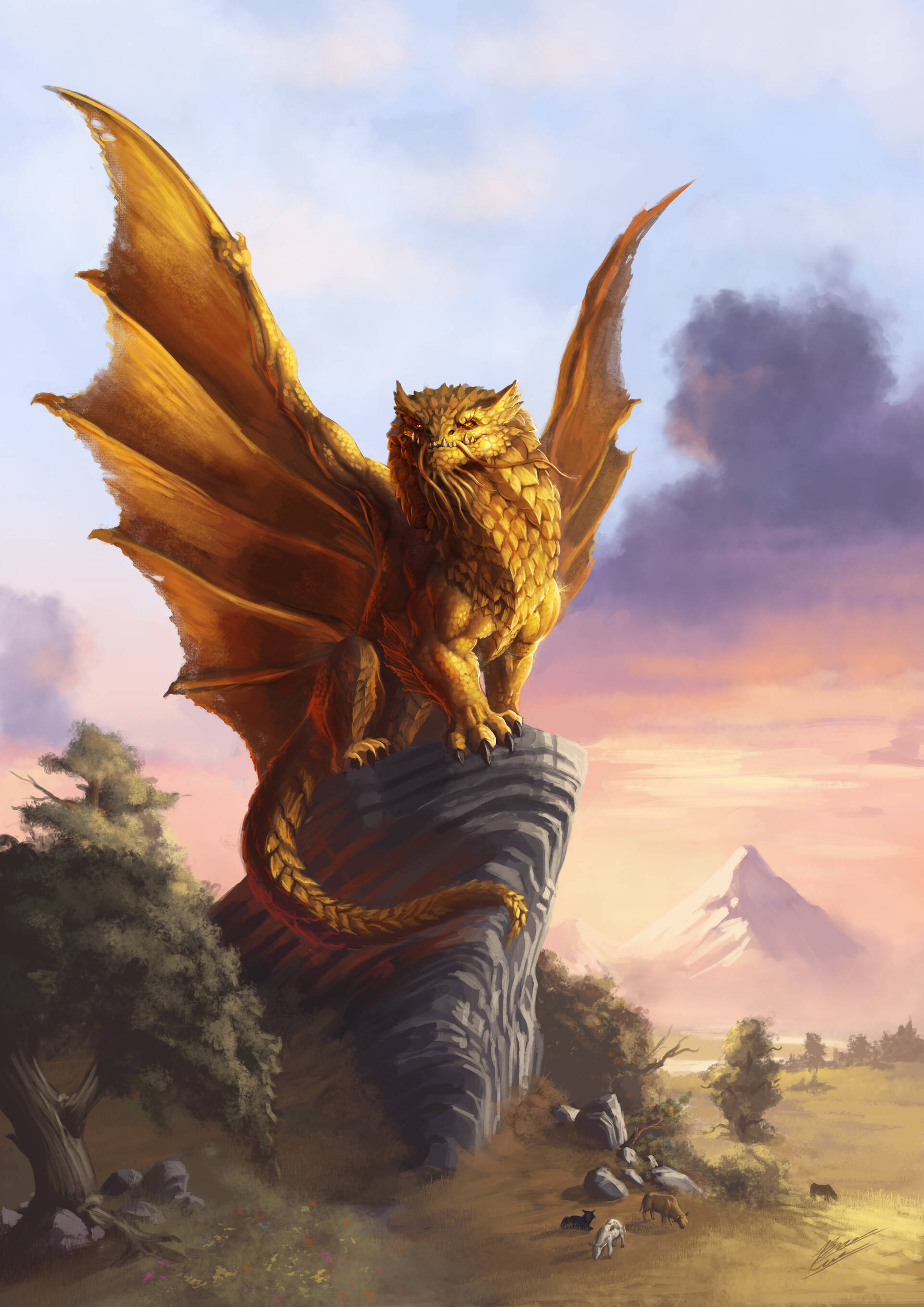 muscular gold dragon, twilight sky, rocky outcrop, 2K Phone Wallpaper