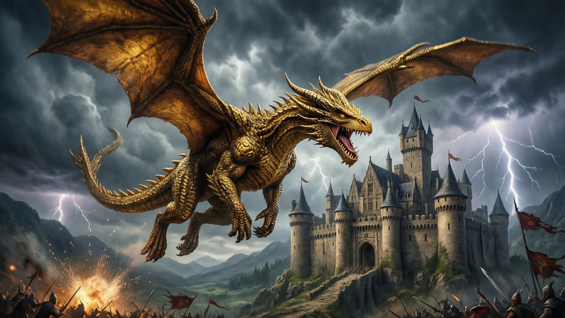 golden dragon, stone castle, lightning strikes, Full HD Desktop Wallpaper
