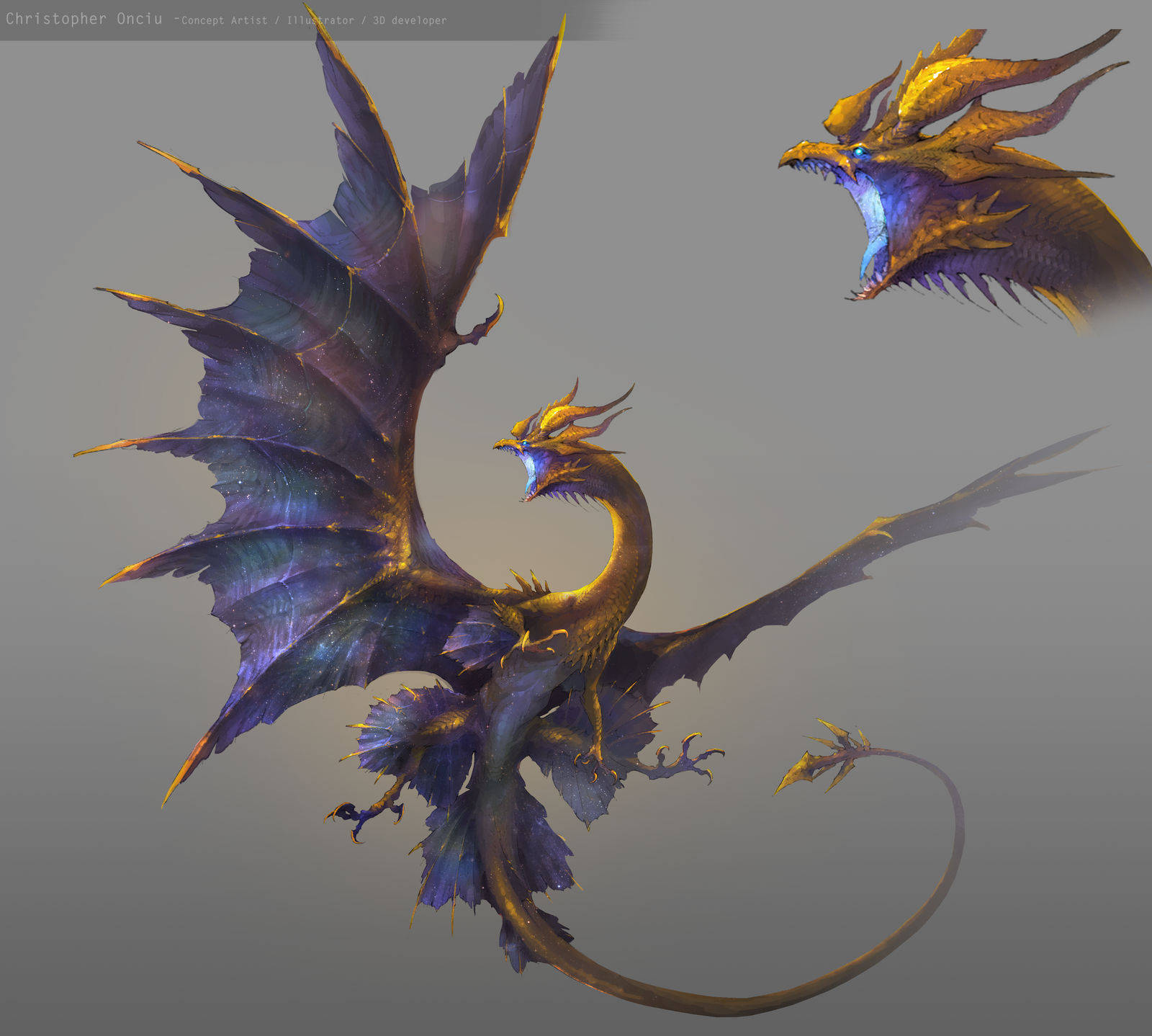 violet and gold dragon, iridescent purple wings, glowing blue underbelly, HD Desktop Wallpaper