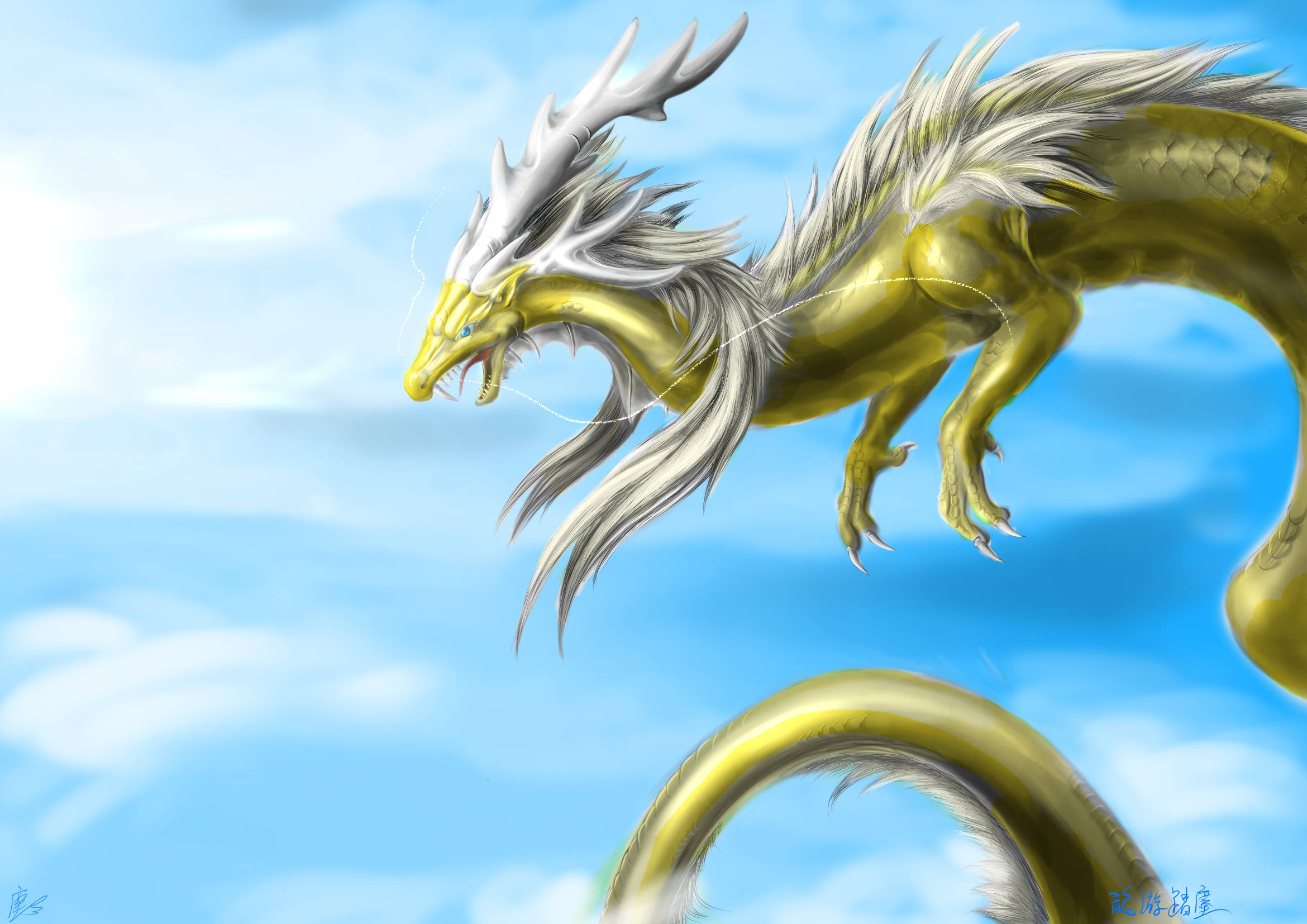 green and gold dragon, golden dragon, white mane, Full HD Desktop Wallpaper