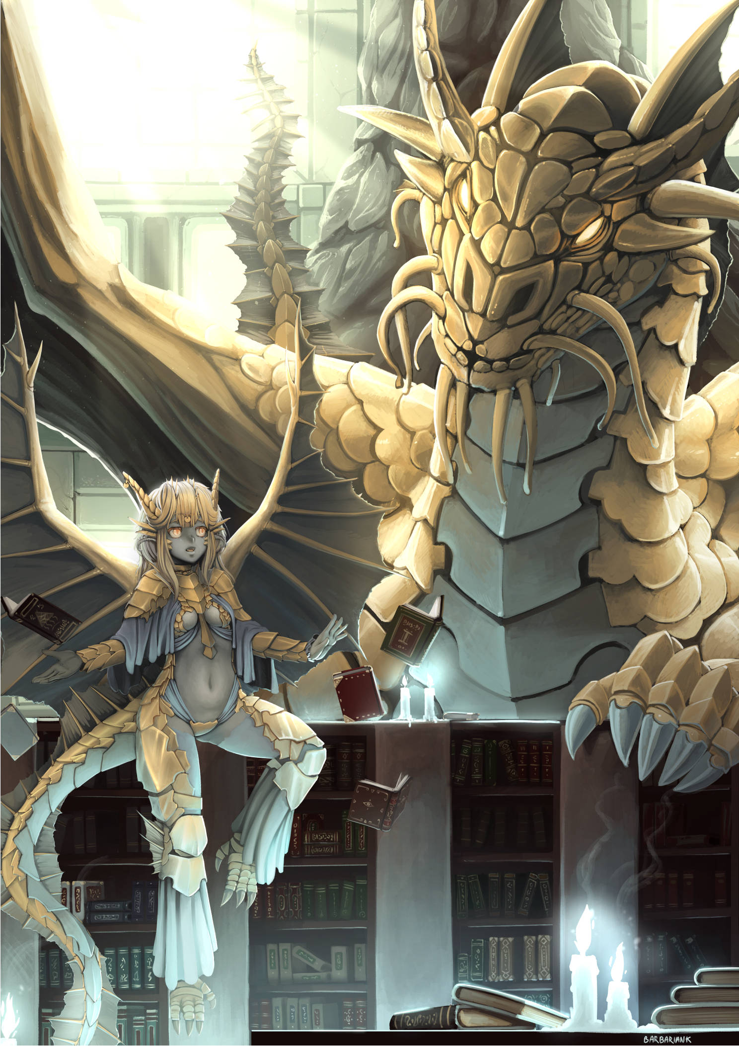 gold dragon, horned woman, armor, Full HD Phone Wallpaper
