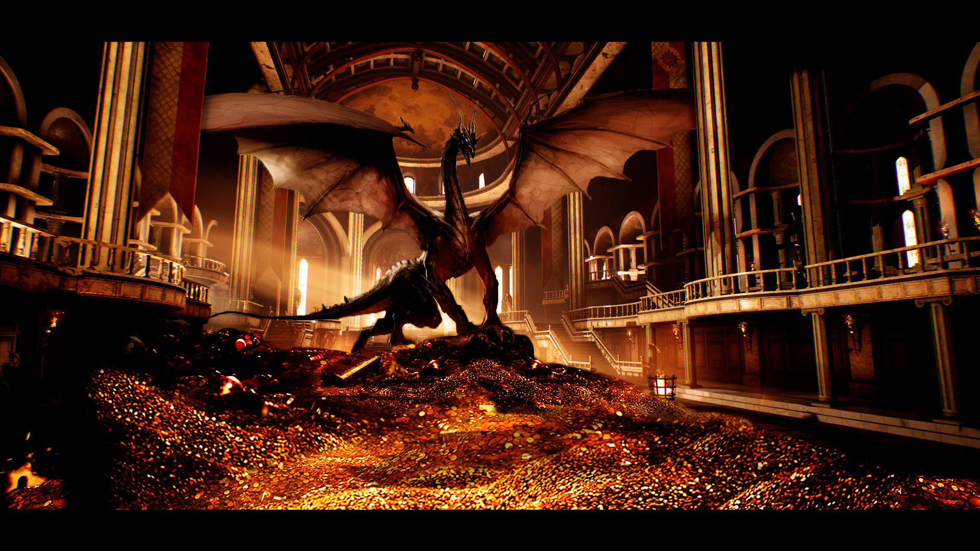 Gold Dragon, lair, pile of gold coins, Full HD Desktop Wallpaper