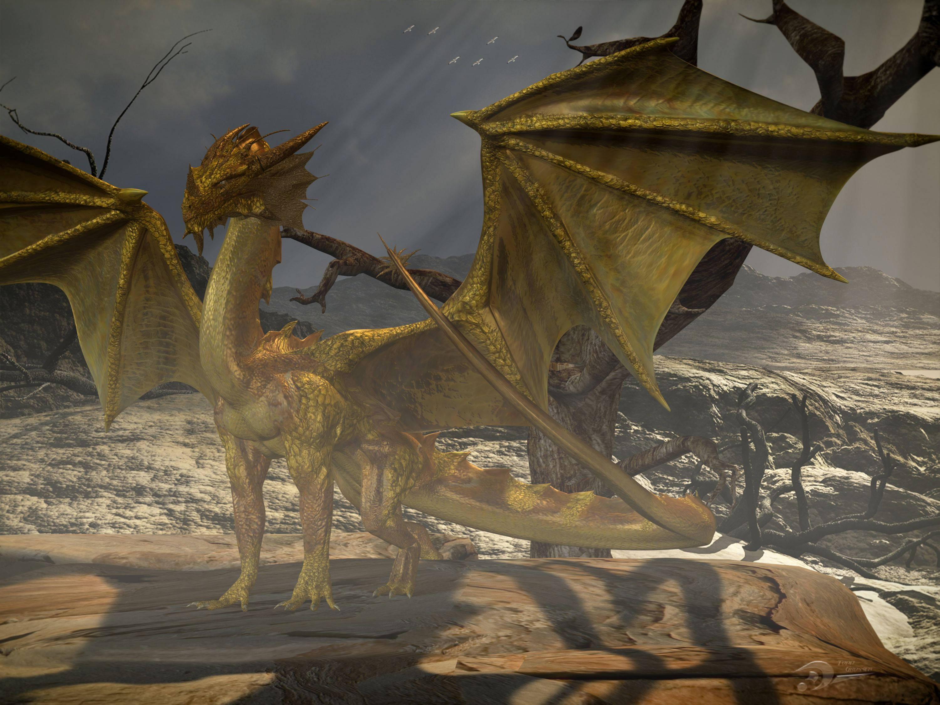 Gold Dragon Mountains, golden dragon, rocky outcrop, 2K Desktop Wallpaper