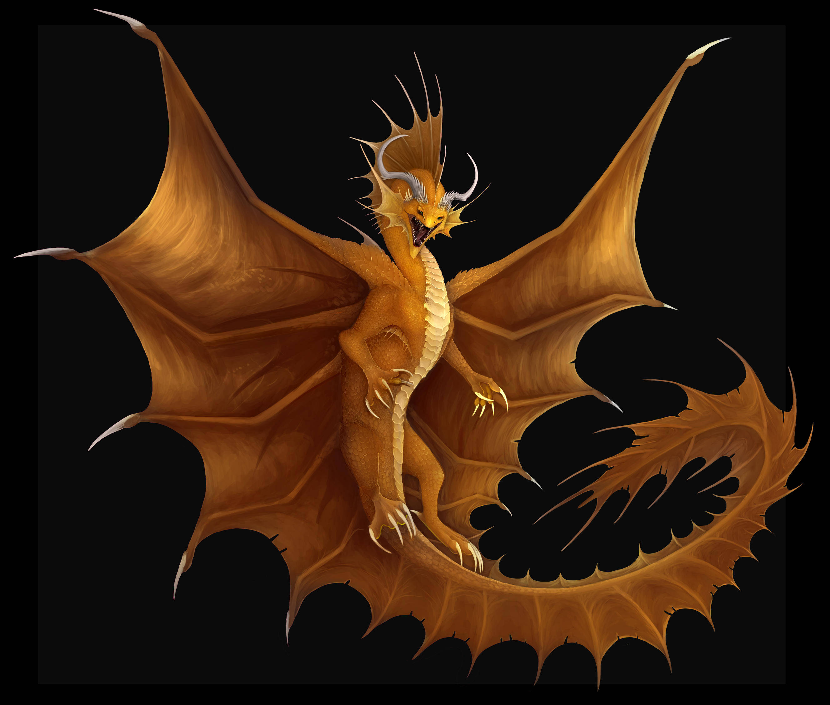 Gold dragon, spiked wings, spiked tail, 2K Desktop Wallpaper
