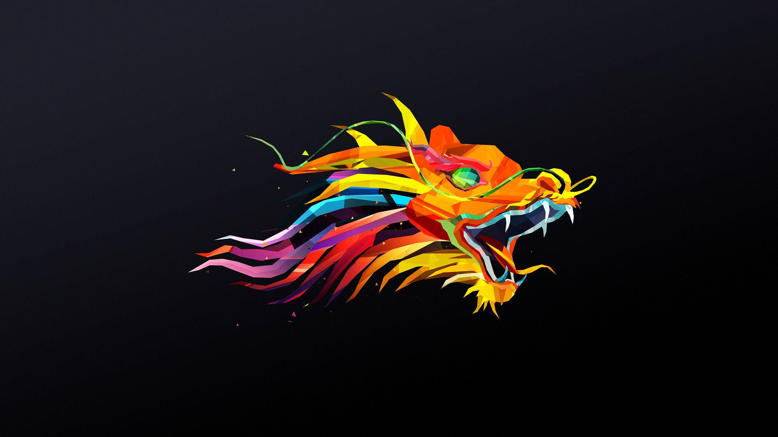Golden Dragon, rainbow-colored flowing mane, dark background, 2K Desktop Wallpaper