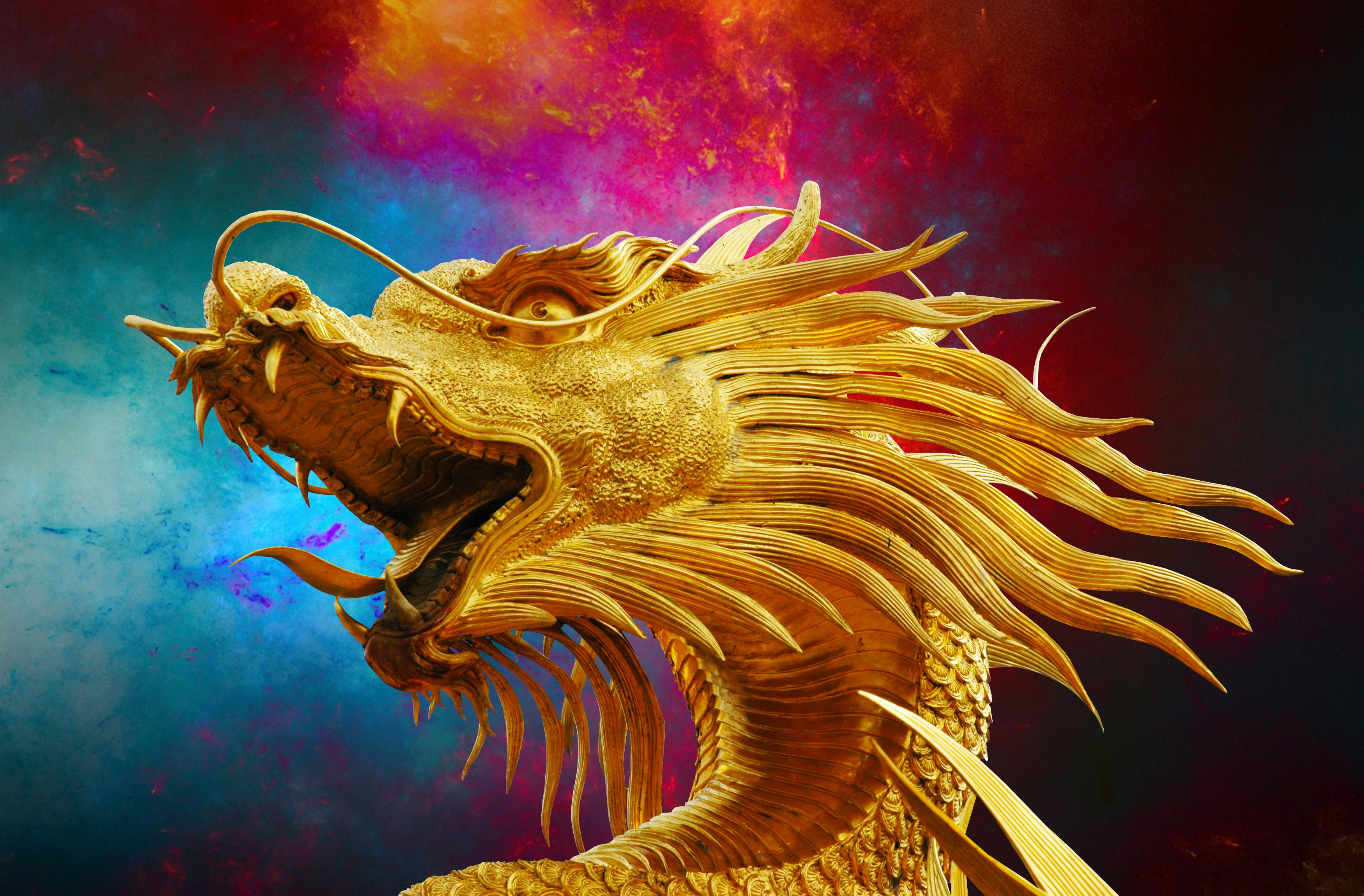 majestic dragon, golden dragon, flowing mane, 2K Desktop Wallpaper