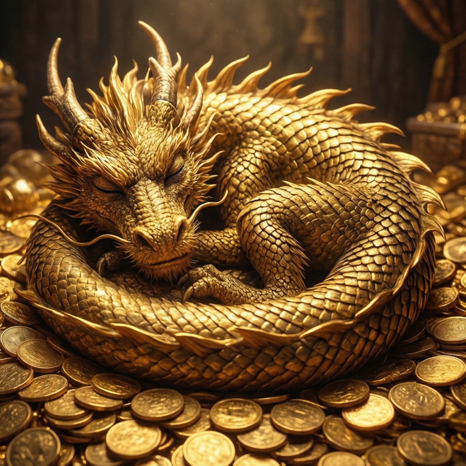 golden dragon, pile of gleaming gold coins, dimly lit treasure chamber, HD Desktop Wallpaper