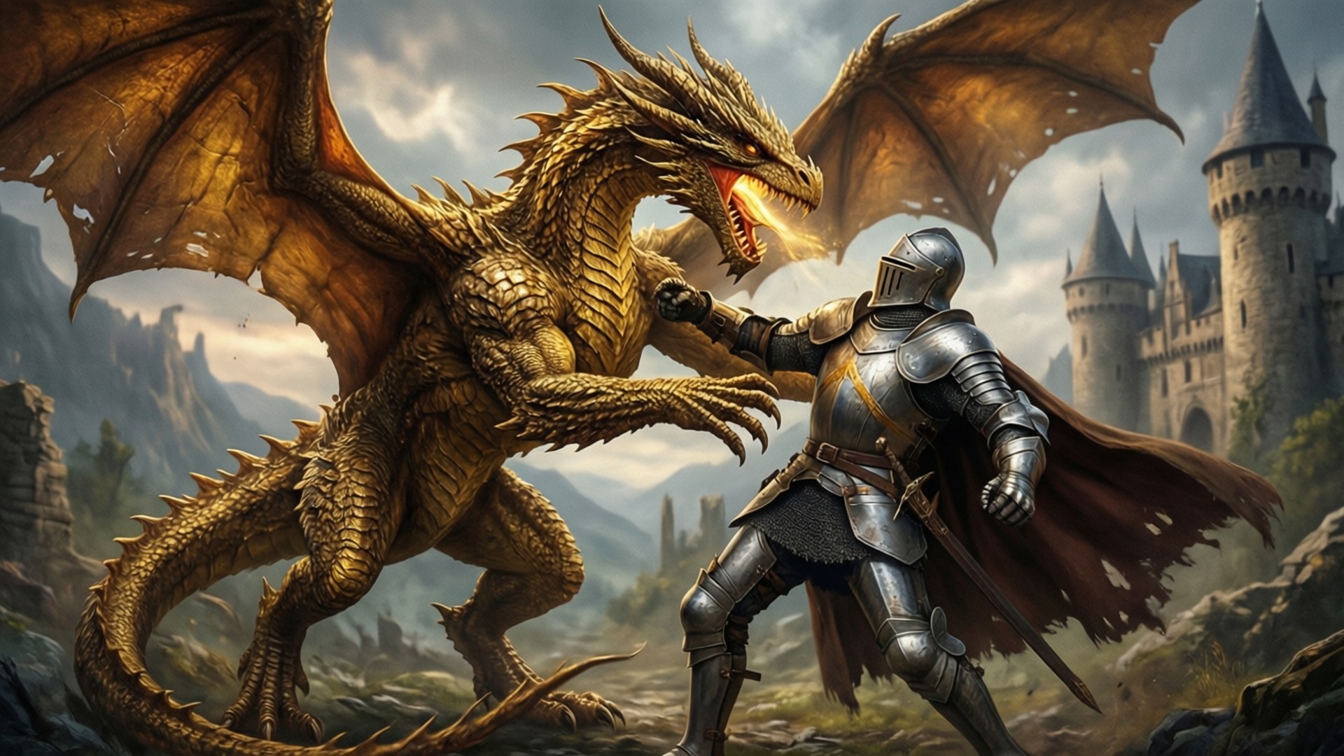 knight, silver armor, golden dragon, Full HD Desktop Wallpaper