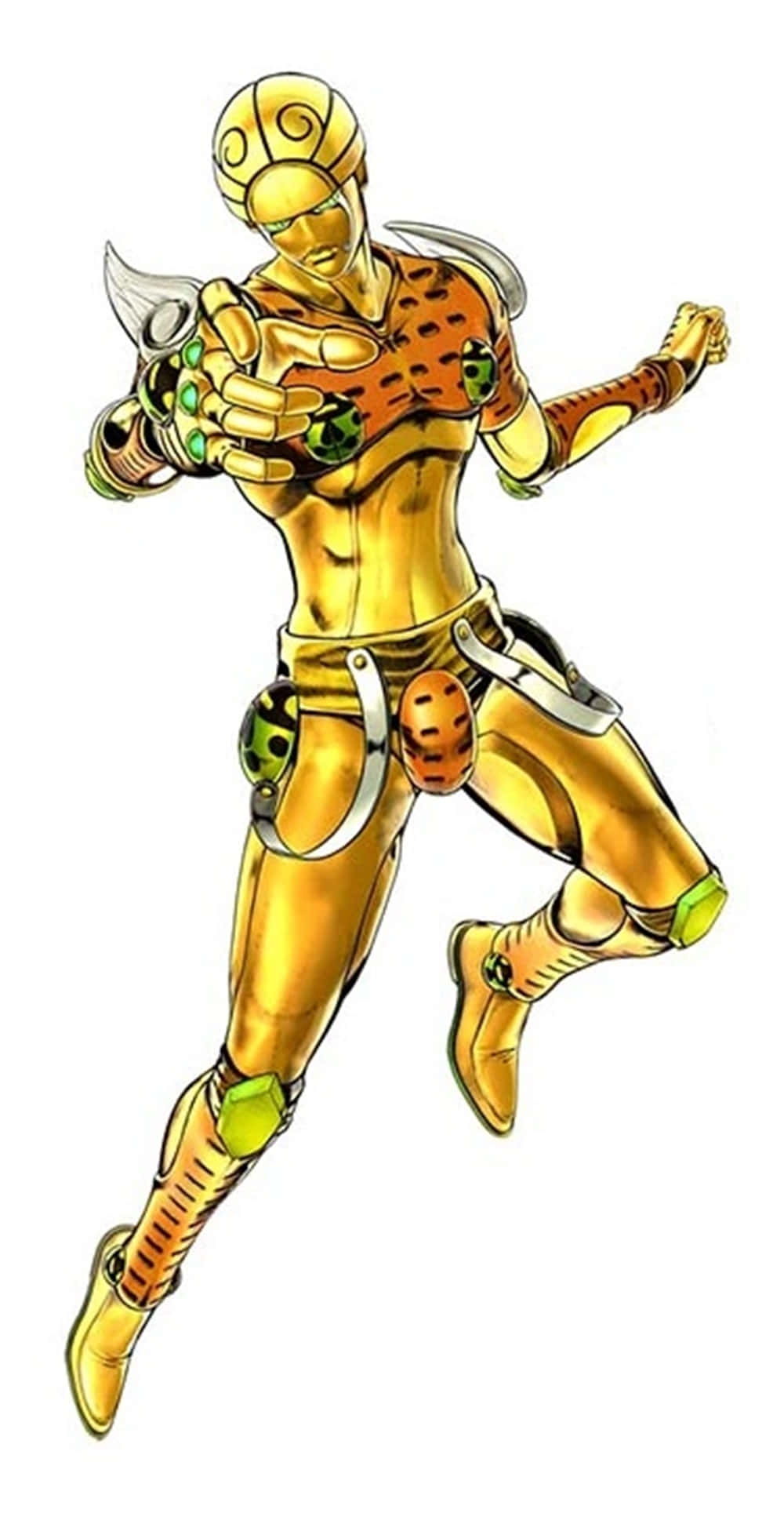 Gold Experience Jojo, golden armored anime character, green accents, Full HD Phone Wallpaper
