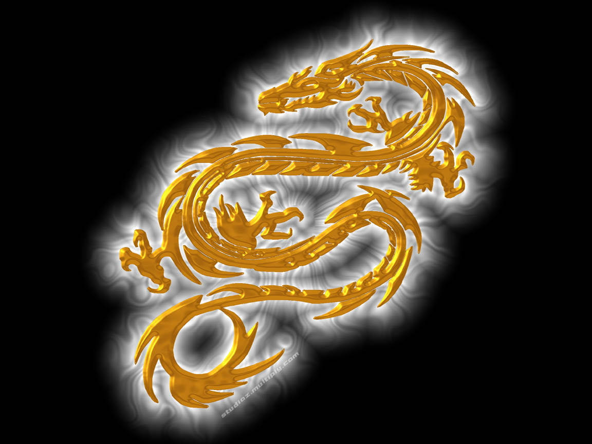 3D Golden Dragon Insignia, glowing golden dragon, black background, SD Desktop Wallpaper