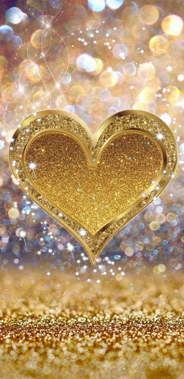 gold glitter heart, glittering texture, sparkling bokeh lights, HD Phone Wallpaper