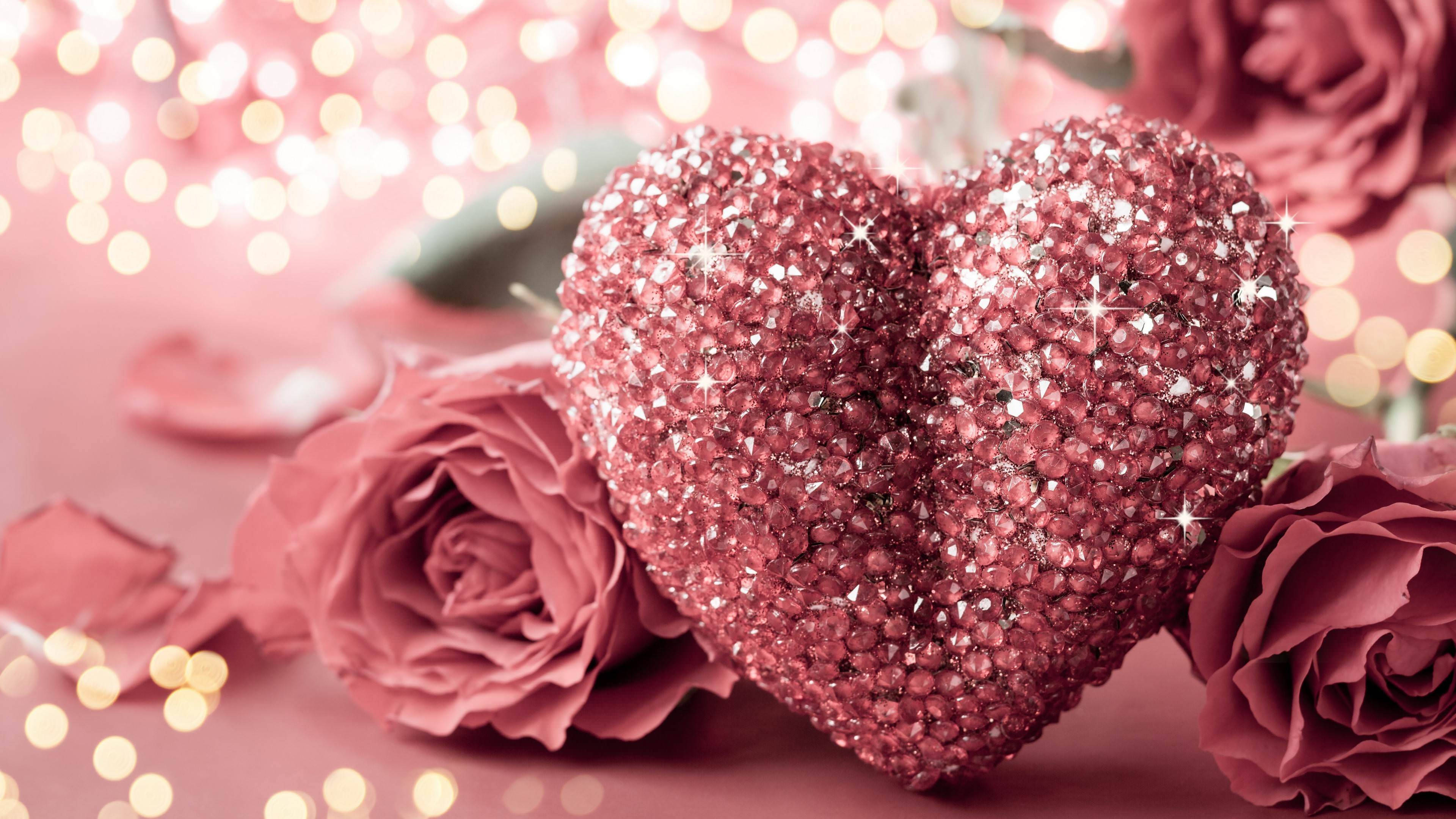 pink heart, crystals, mauve roses, 4K Desktop Wallpaper