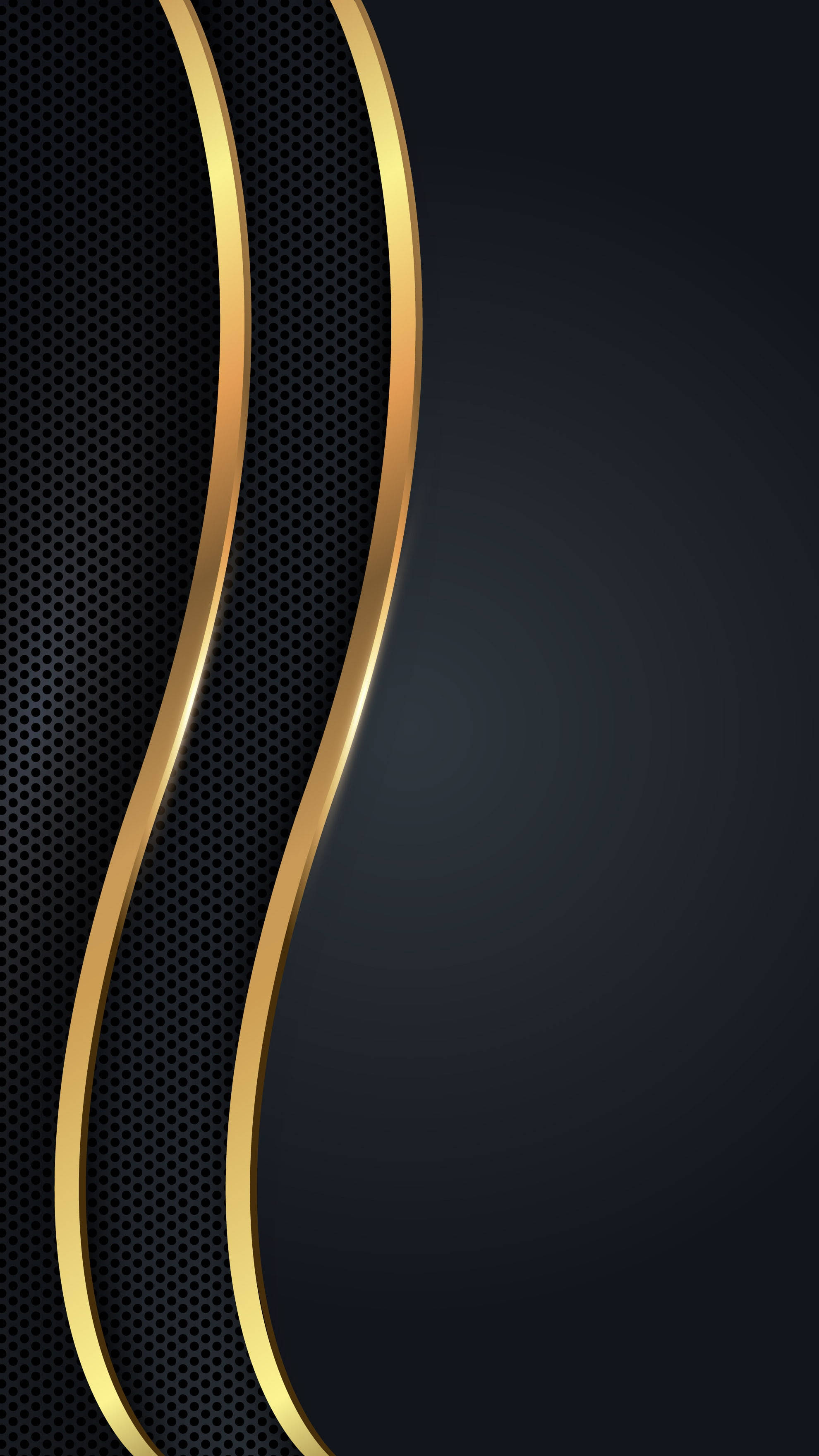 black and gold, glowing gold curves, dark perforated texture, 2K Phone Wallpaper